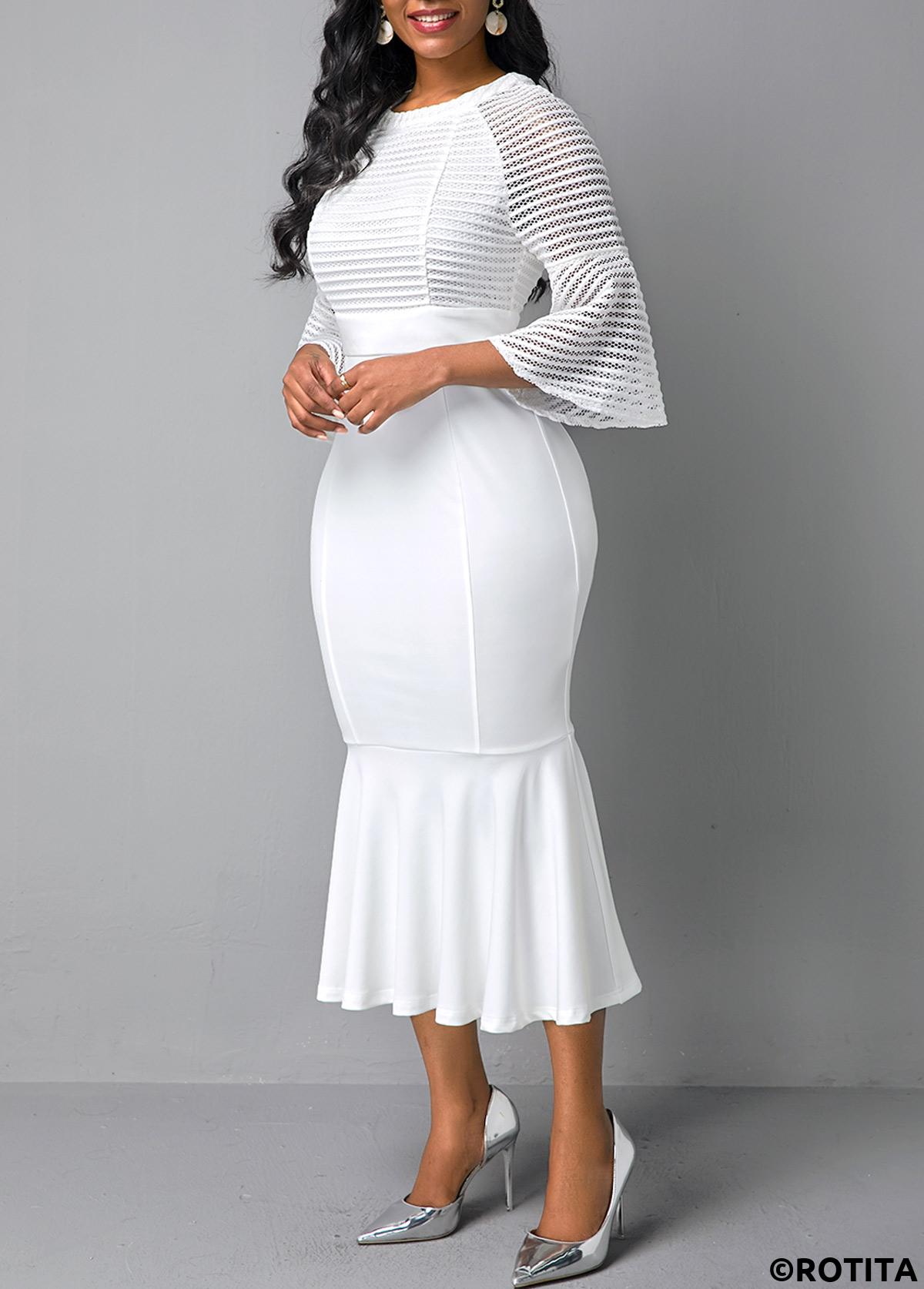 White dresses,Plain Color dresses,Party dresses,Elegant dresses,ROTITA Flare Sleeve Round Neck Mesh Panel Mermaid Dress