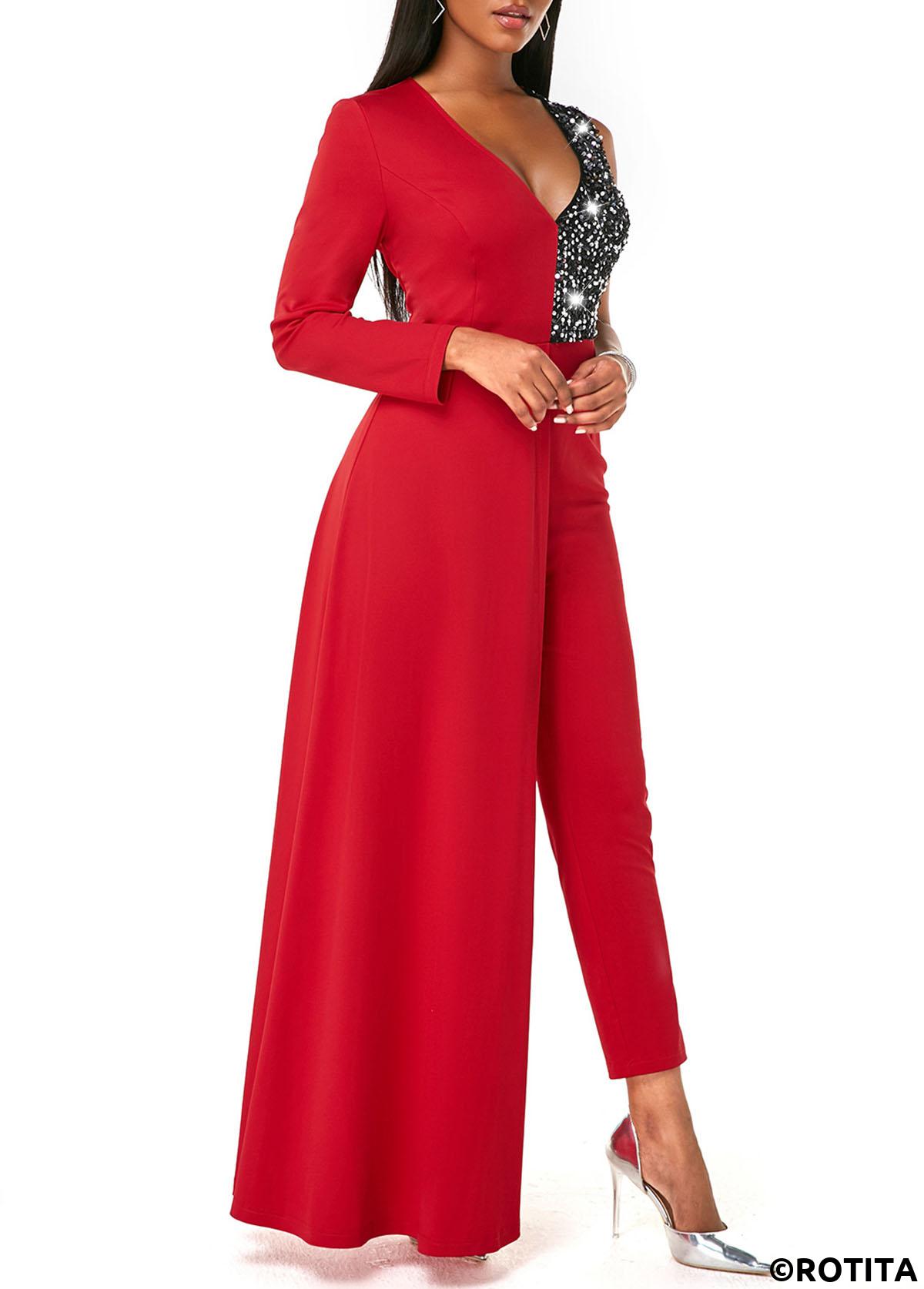 Red jumpsuits&rompers,Contrast Color jumpsuits&rompers,ROTITA V Neck Sequin Contrast One Shoulder Jumpsuit