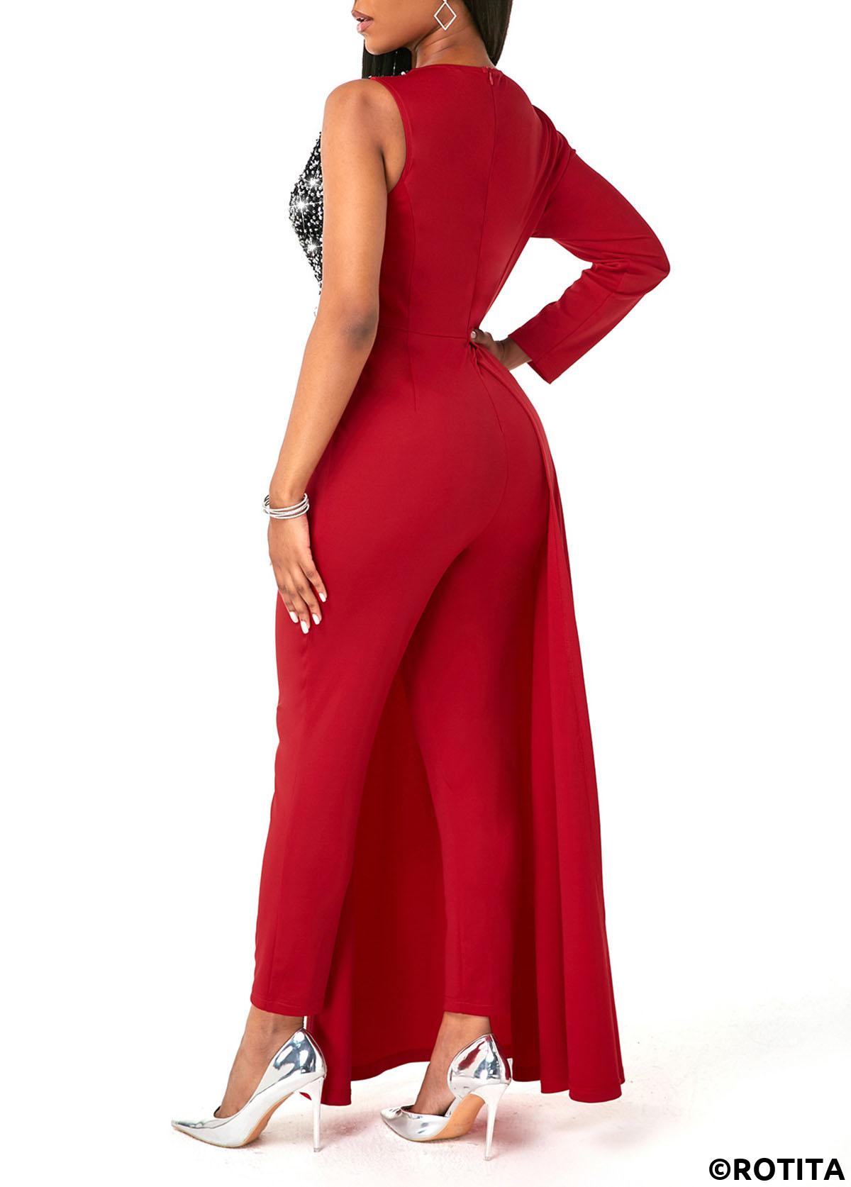 Red jumpsuits&rompers,Contrast Color jumpsuits&rompers,ROTITA V Neck Sequin Contrast One Shoulder Jumpsuit