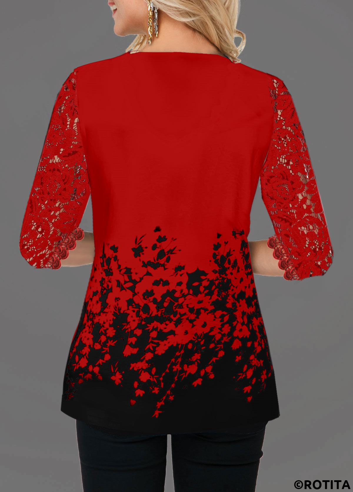 Red tops,Floral tops,ROTITA Lace Panel V Neck Floral Print T Shirt