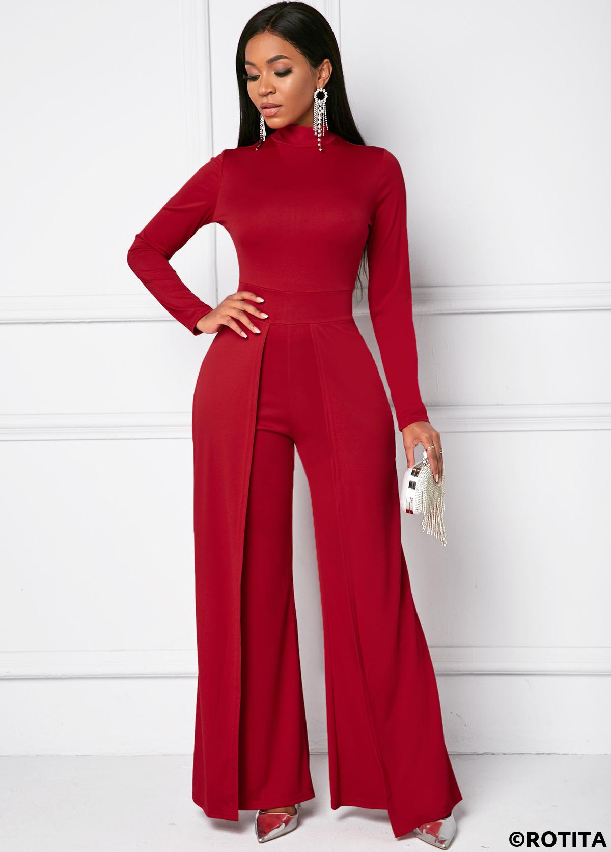 Red jumpsuits&rompers,Plain Color jumpsuits&rompers,Mock Neck Long Sleeve Wide Leg Jumpsuit
