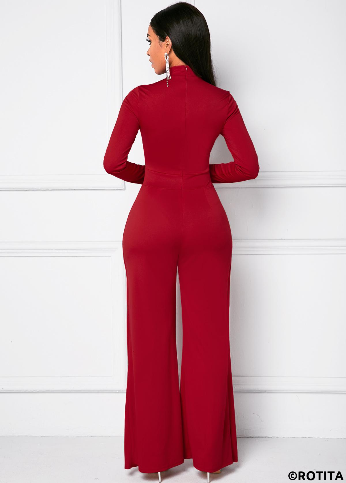 Red jumpsuits&rompers,Plain Color jumpsuits&rompers,Mock Neck Long Sleeve Wide Leg Jumpsuit