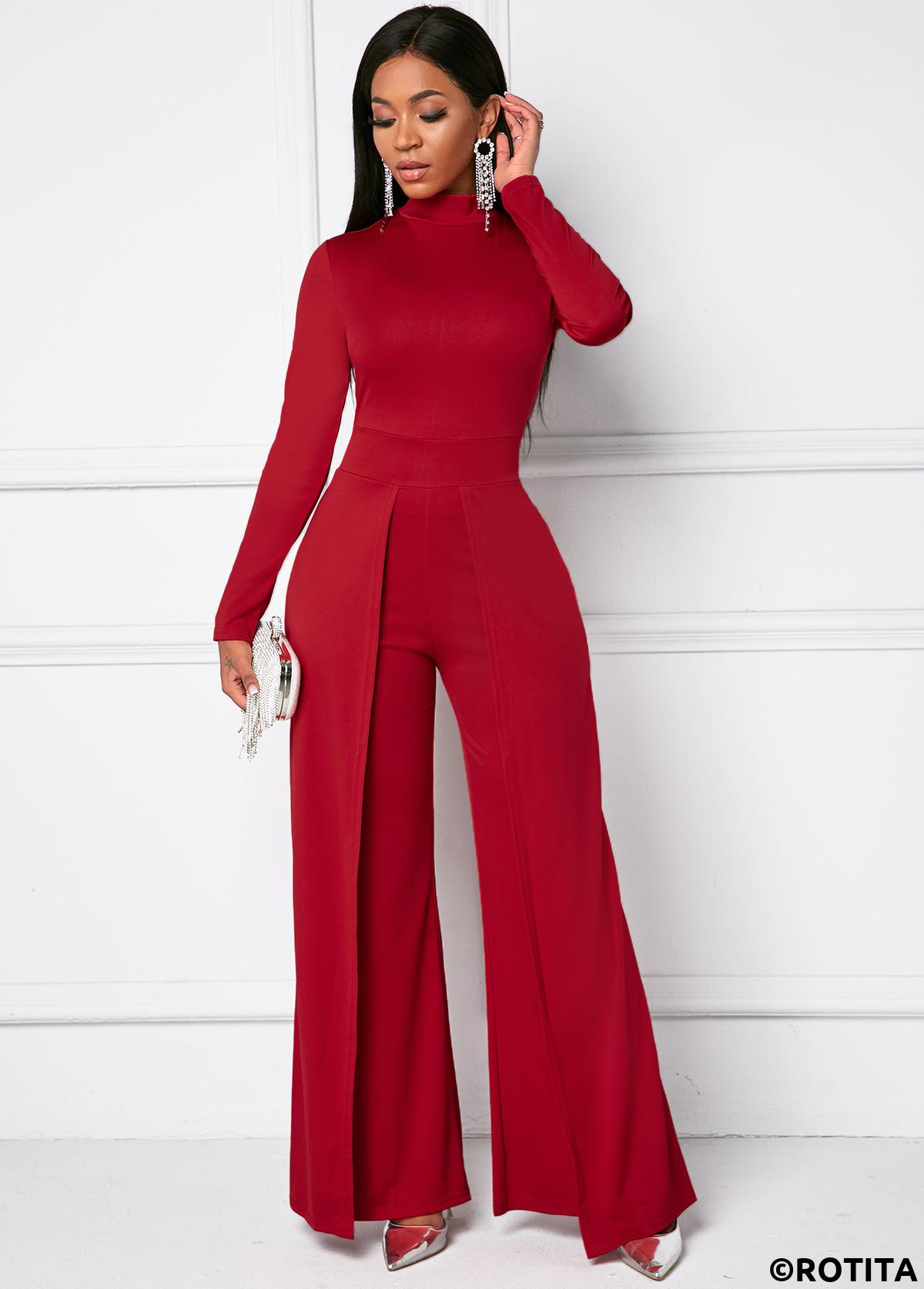 Red jumpsuits&rompers,Plain Color jumpsuits&rompers,Mock Neck Long Sleeve Wide Leg Jumpsuit