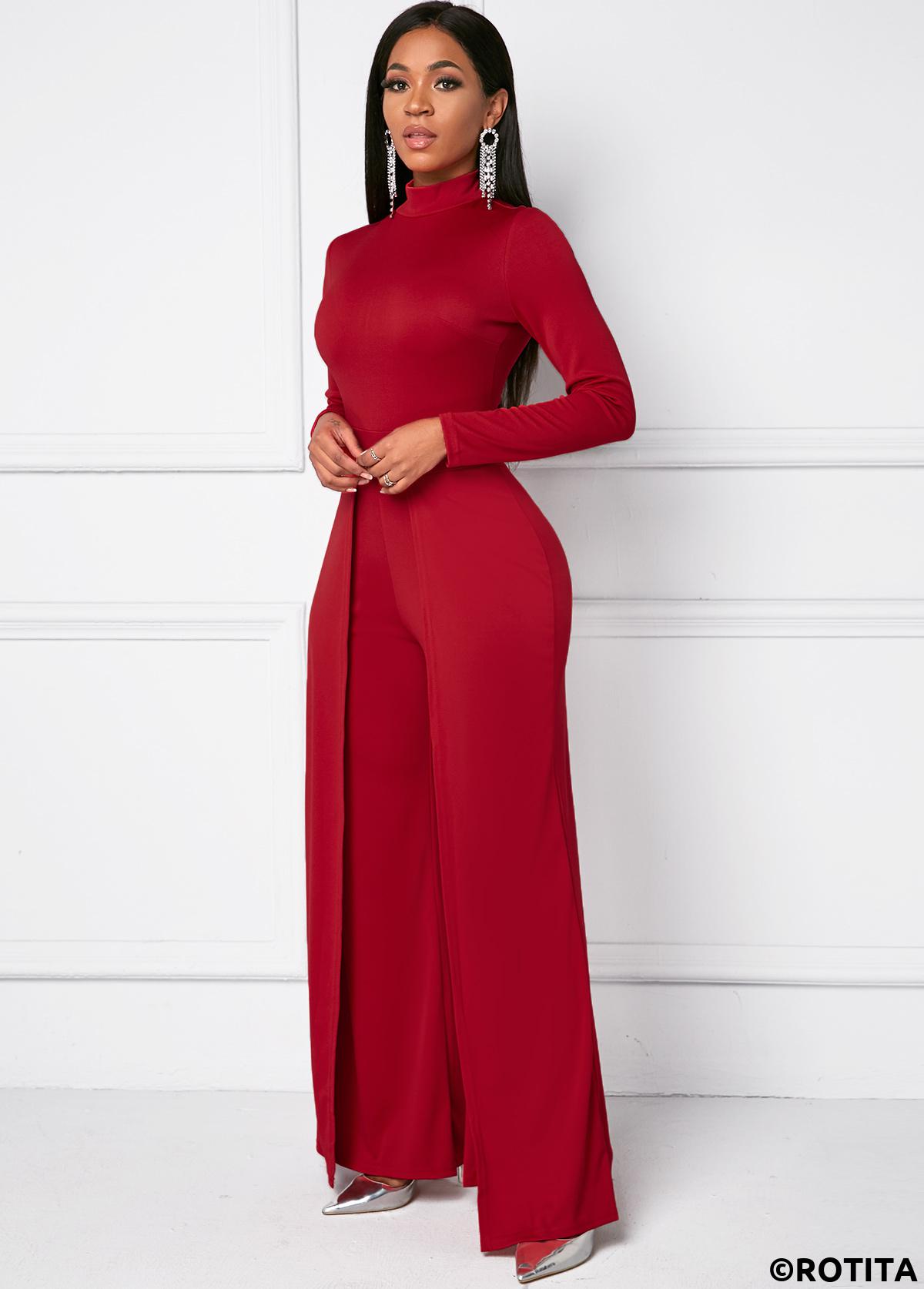 Red jumpsuits&rompers,Plain Color jumpsuits&rompers,Mock Neck Long Sleeve Wide Leg Jumpsuit