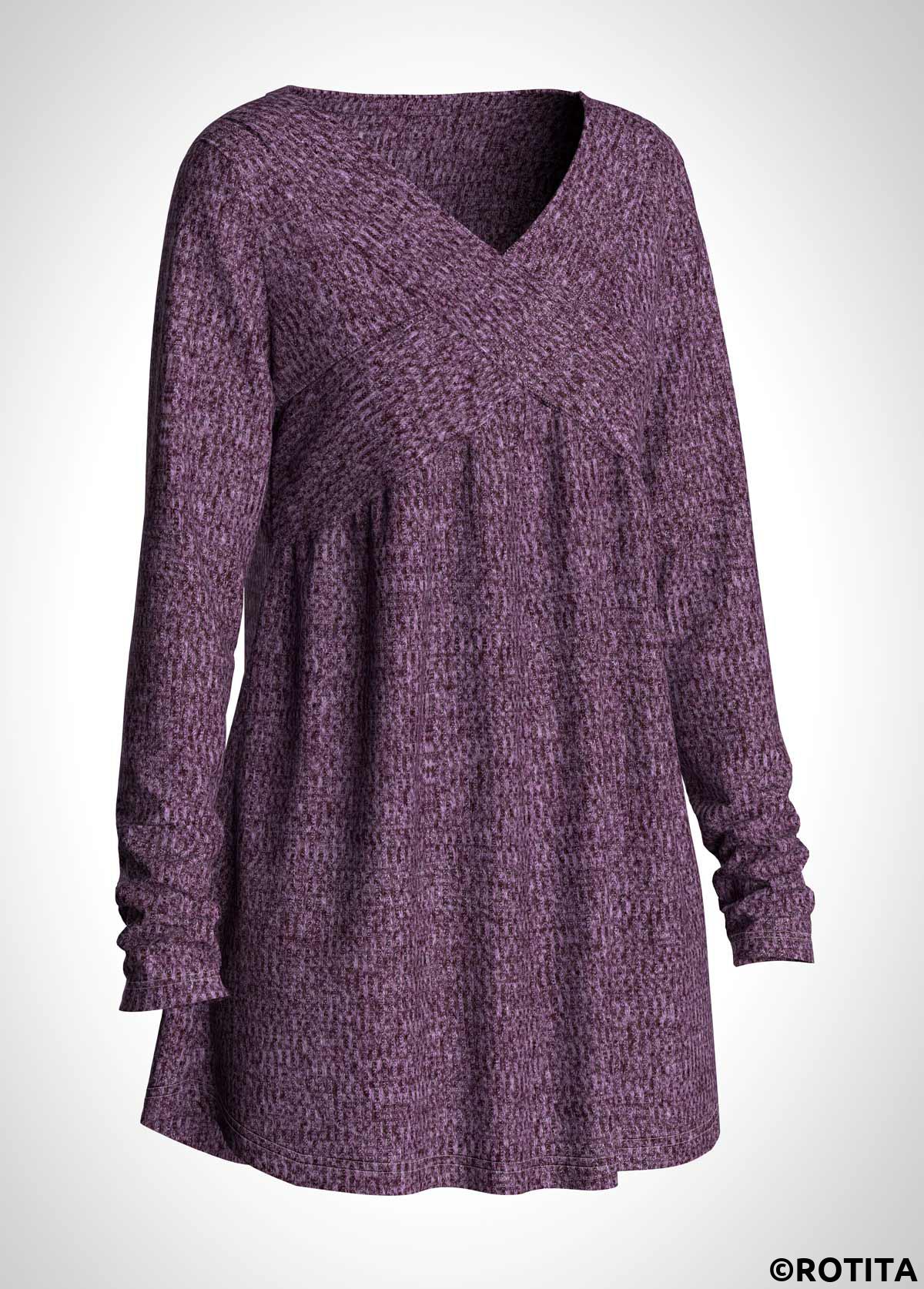 Purple tops,Plain Color tops,ROTITA Long Sleeve V Neck Purple T Shirt