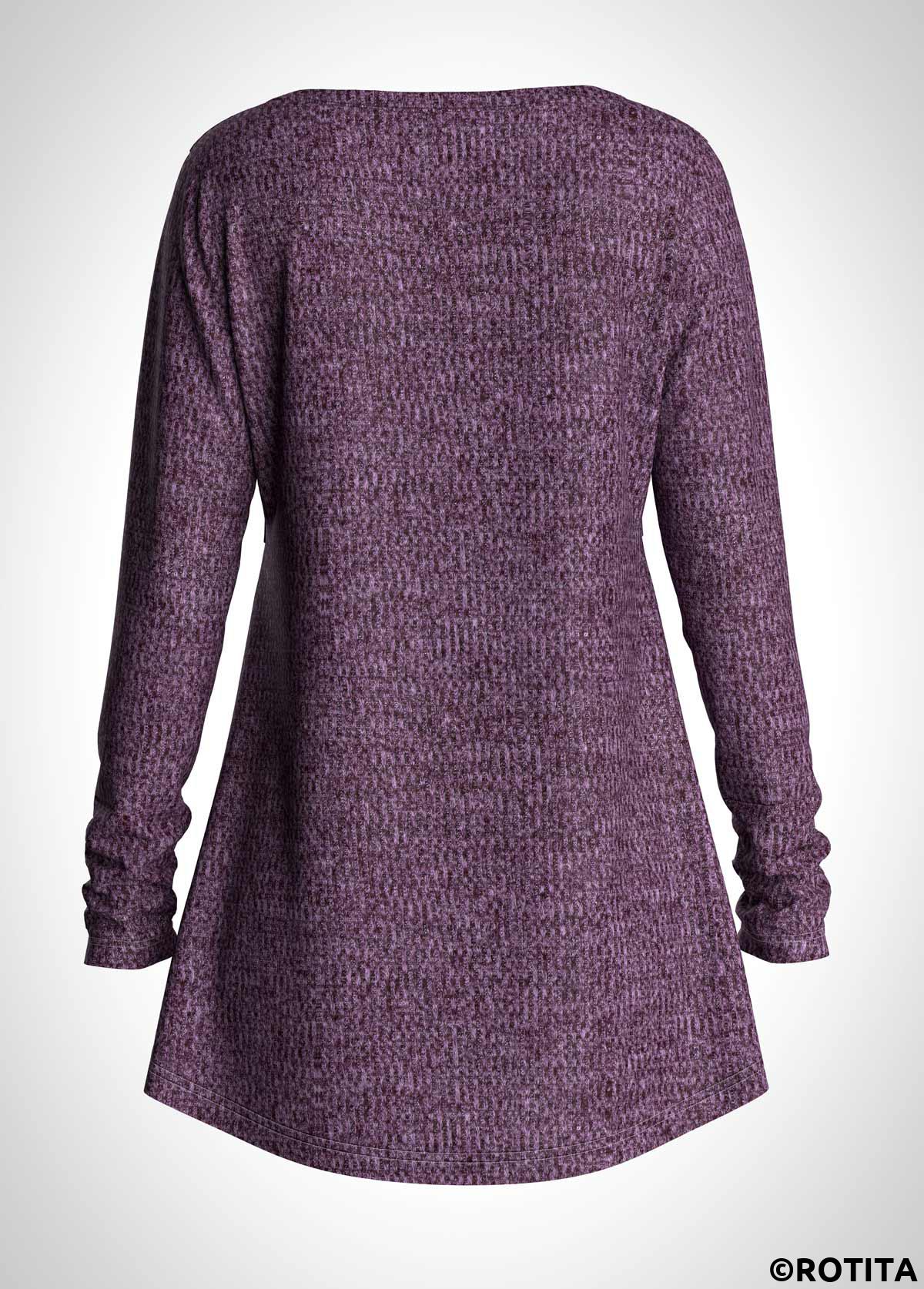 Purple tops,Plain Color tops,ROTITA Long Sleeve V Neck Purple T Shirt