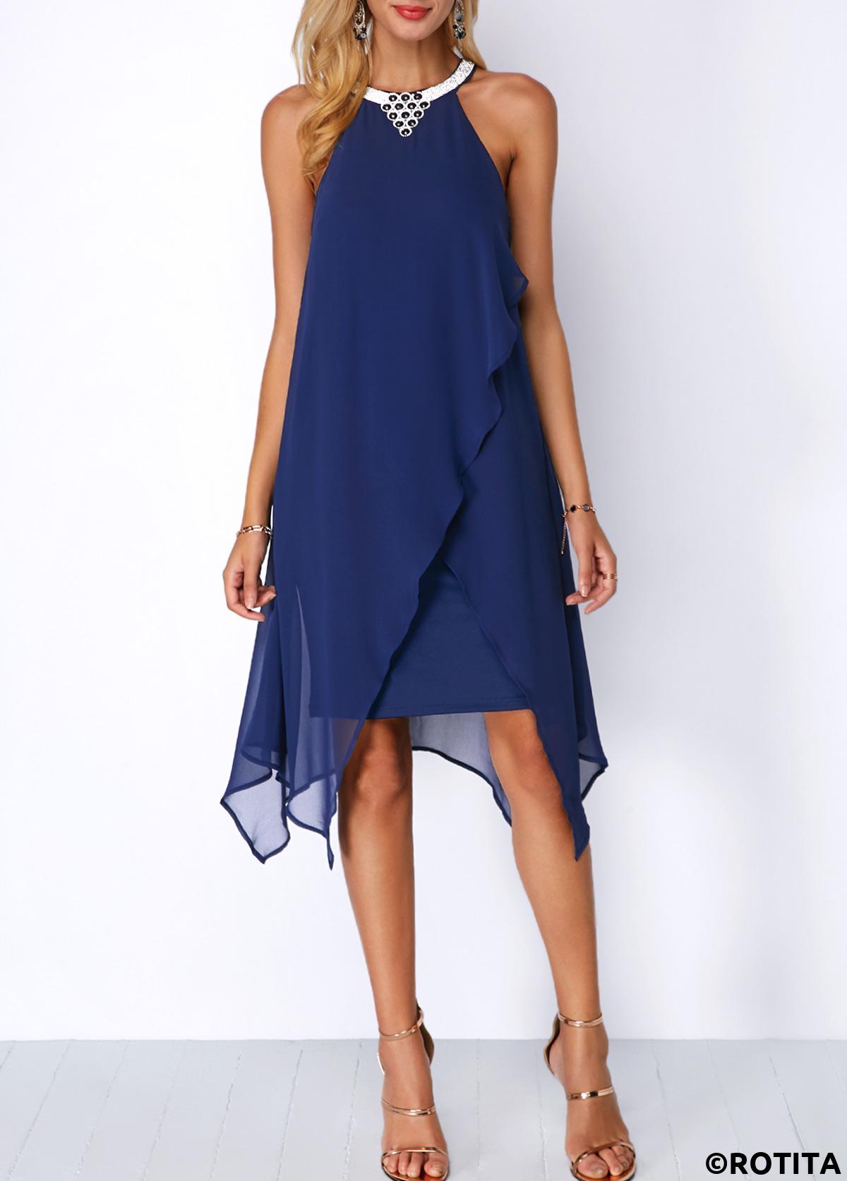 Royal Blue dresses,Plain Color dresses,Party dresses,Elegant dresses,ROTITA Embellished Neck Chiffon Overlay Blue Dress