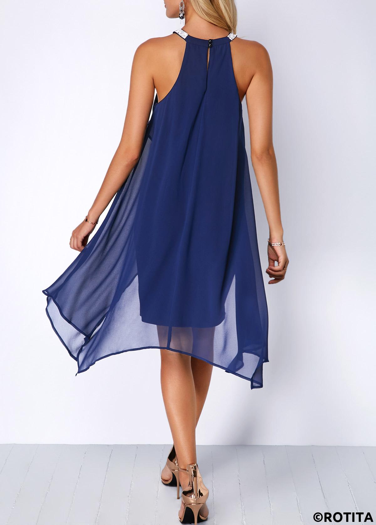 Royal Blue dresses,Plain Color dresses,Party dresses,Elegant dresses,ROTITA Embellished Neck Chiffon Overlay Blue Dress