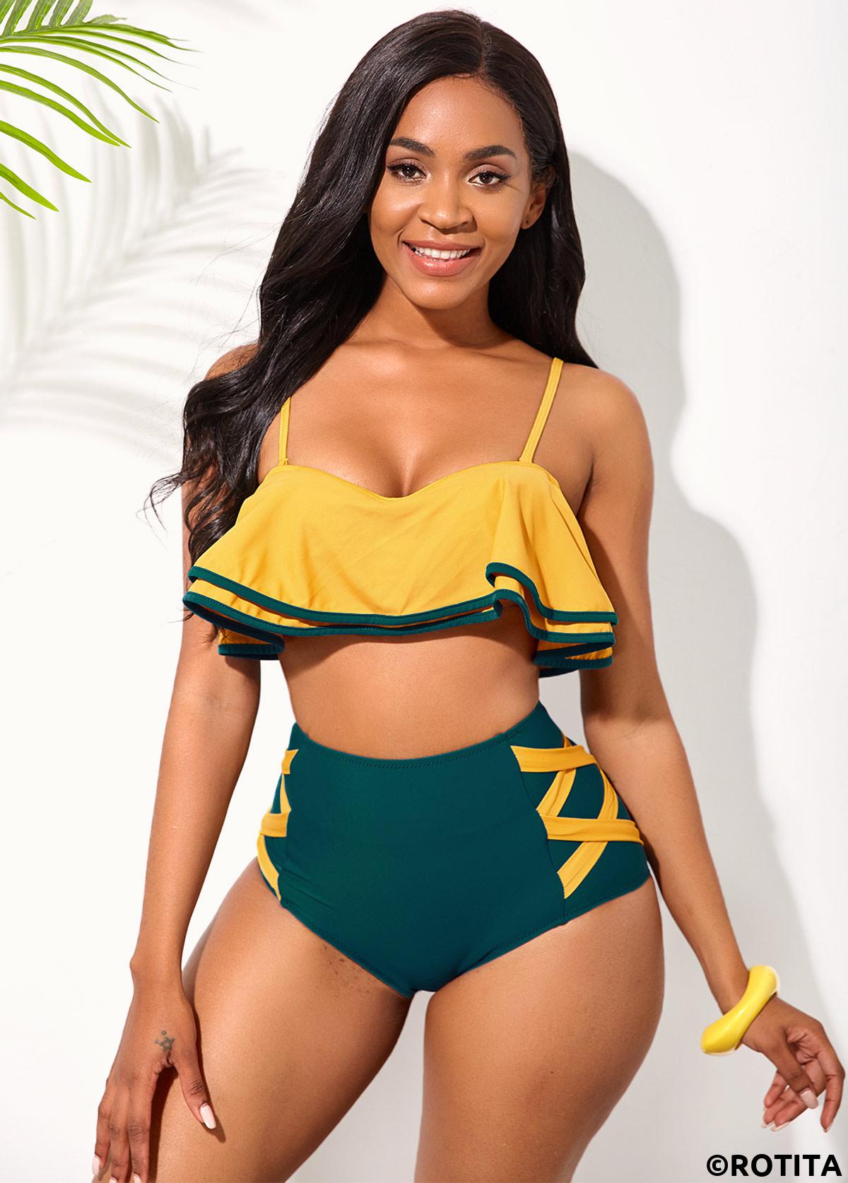 Yellow swimwear,Contrast Color swimwear,ROTITA Ruffle Hem High Waisted Contrast Bikini Set