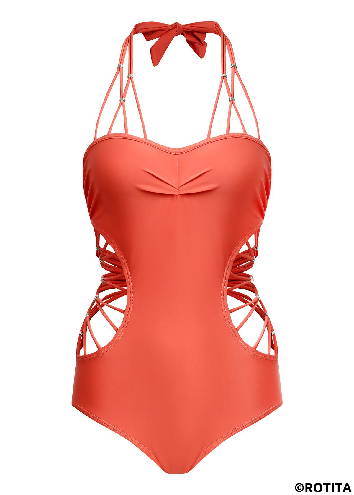Orange swimwear,Plain Color swimwear,ROTITA Tie Back Tie Back Cutout Detail One Piece Swimwear