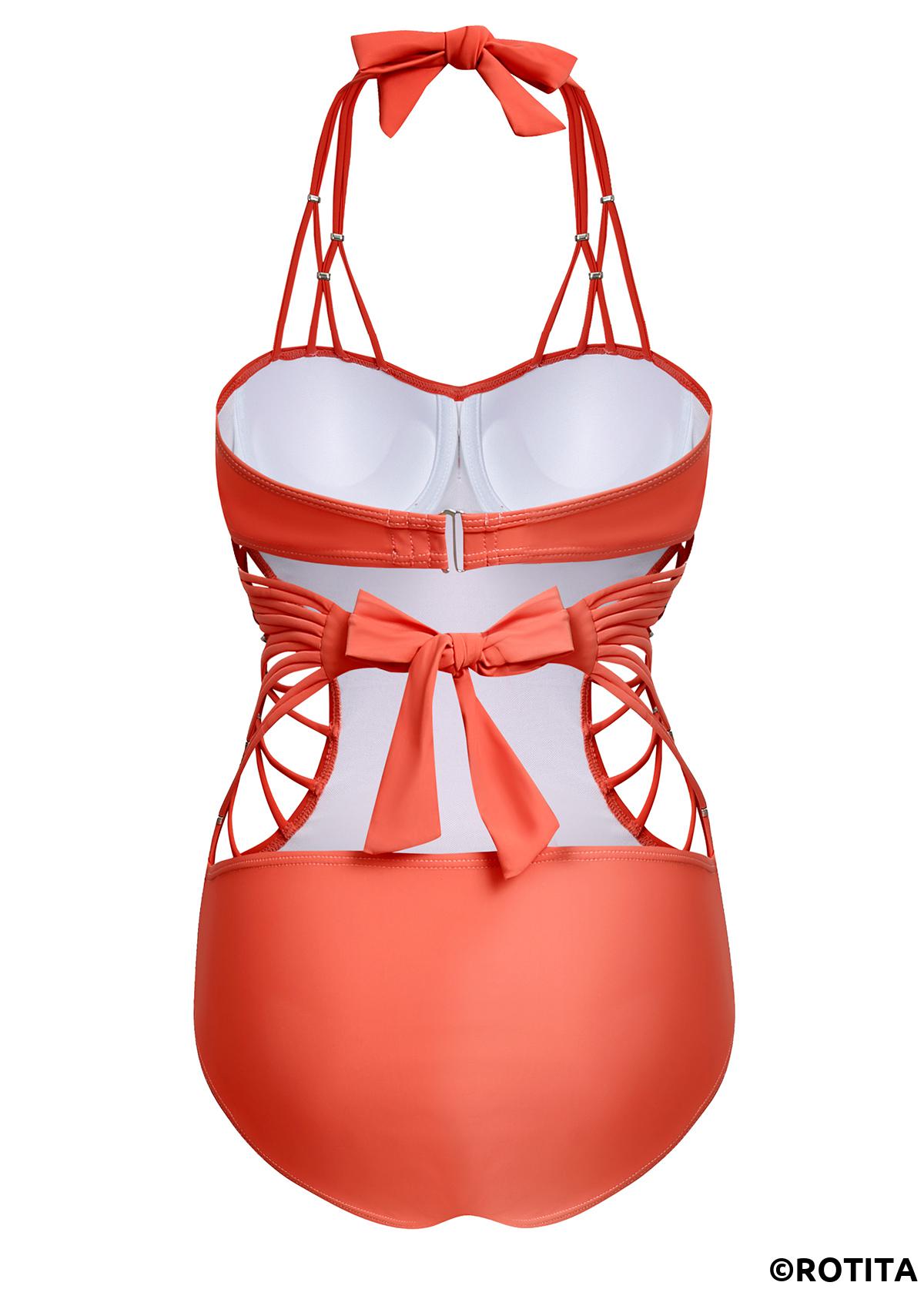 Orange swimwear,Plain Color swimwear,ROTITA Tie Back Tie Back Cutout Detail One Piece Swimwear