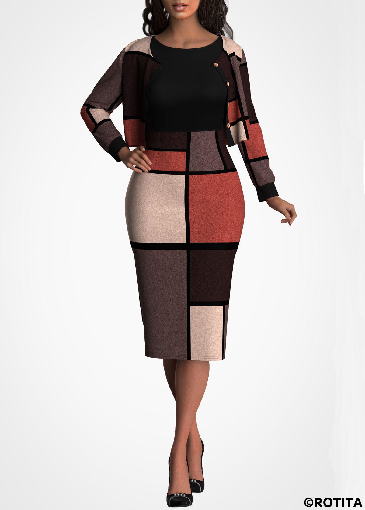 Geometric dresses,Party dresses,Elegant dresses,ROTITA Contrast Long Sleeve Cardigan and Dress
