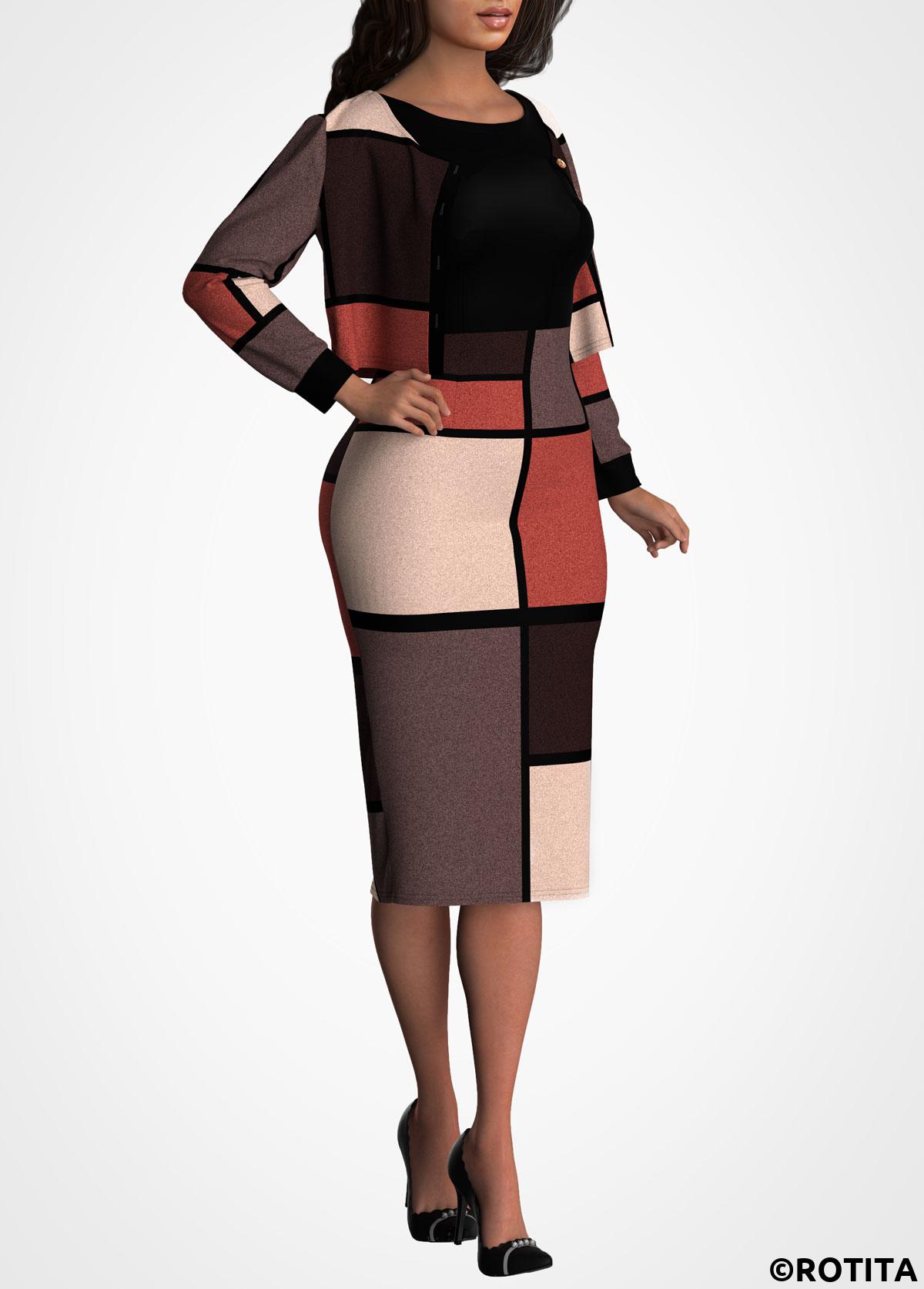 Geometric dresses,Party dresses,Elegant dresses,ROTITA Contrast Long Sleeve Cardigan and Dress