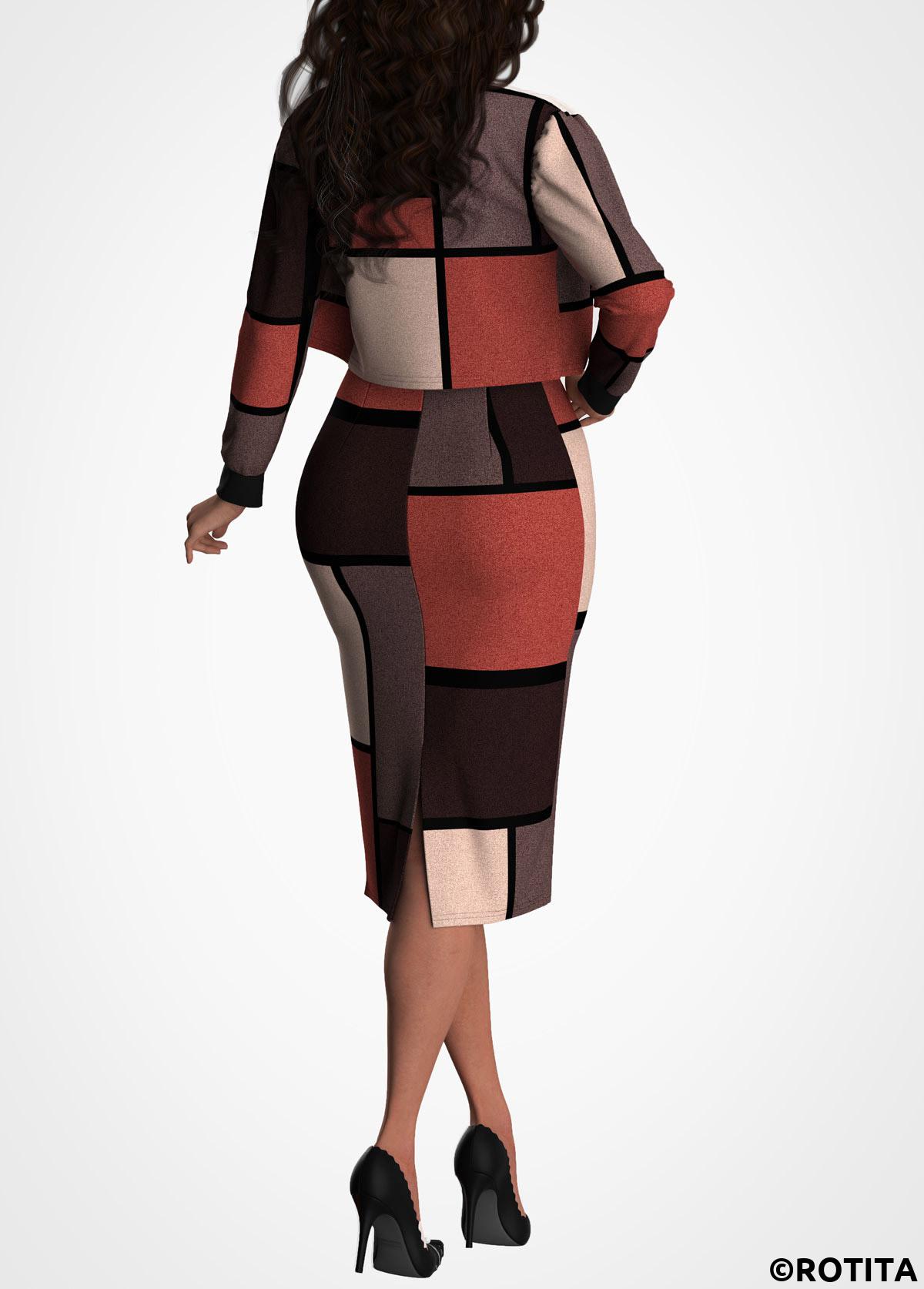 Geometric dresses,Party dresses,Elegant dresses,ROTITA Contrast Long Sleeve Cardigan and Dress