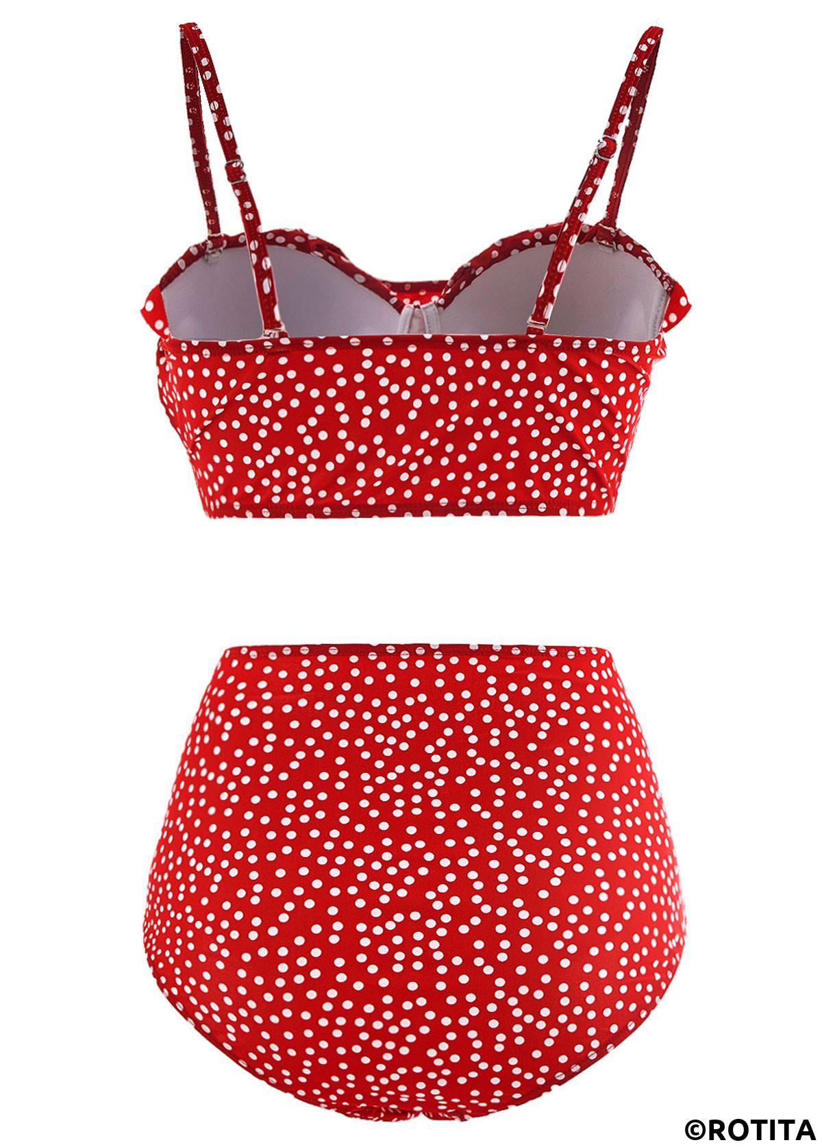 Red swimwear,Dot swimwear,ROTITA Ruffle Trim Polka Dot Bowknot Bikini Set