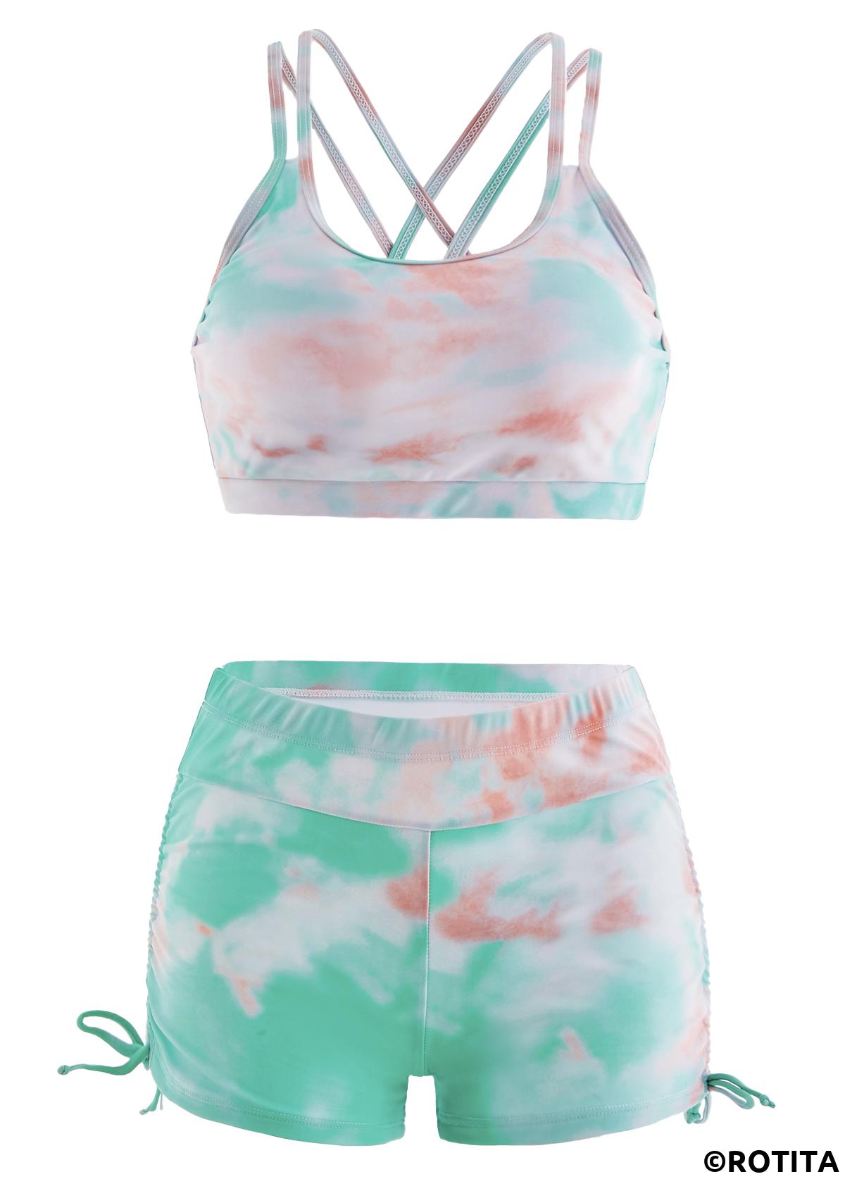 Light Green swimwear,Ombre swimwear,ROTITA Tie Dye High Waisted Drawstring Side Bikini Set