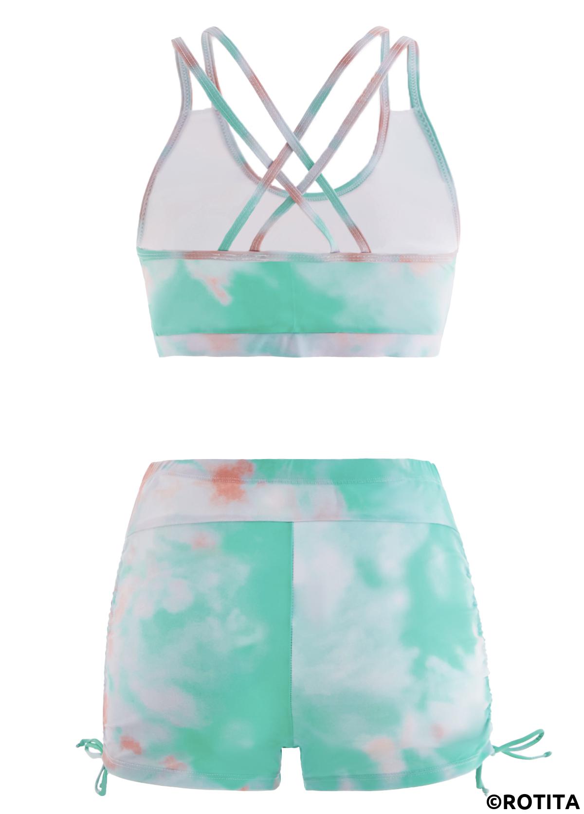 Light Green swimwear,Ombre swimwear,ROTITA Tie Dye High Waisted Drawstring Side Bikini Set