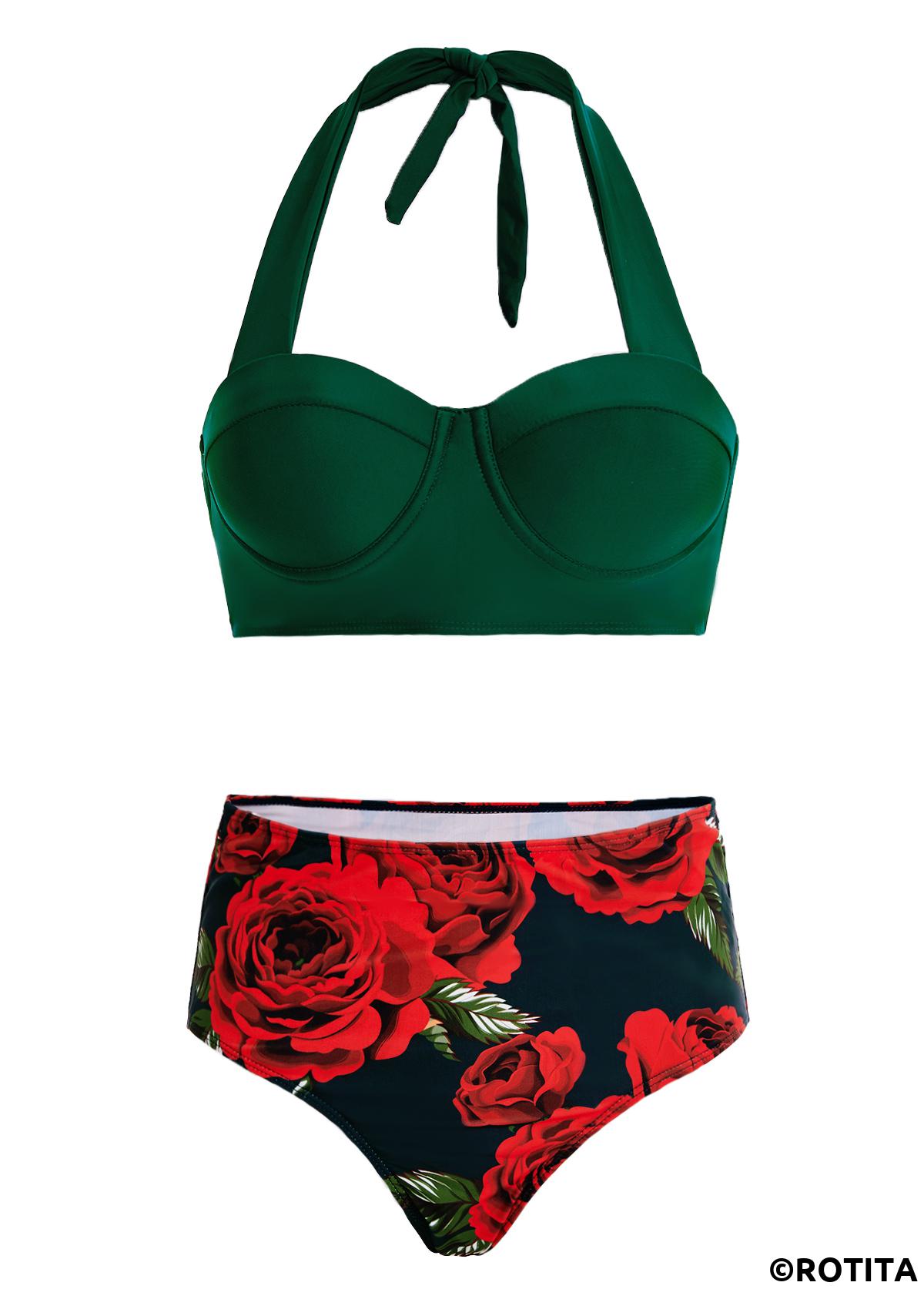 Floral swimwear,ROTITA Floral Print High Waist Halter Bikini Set