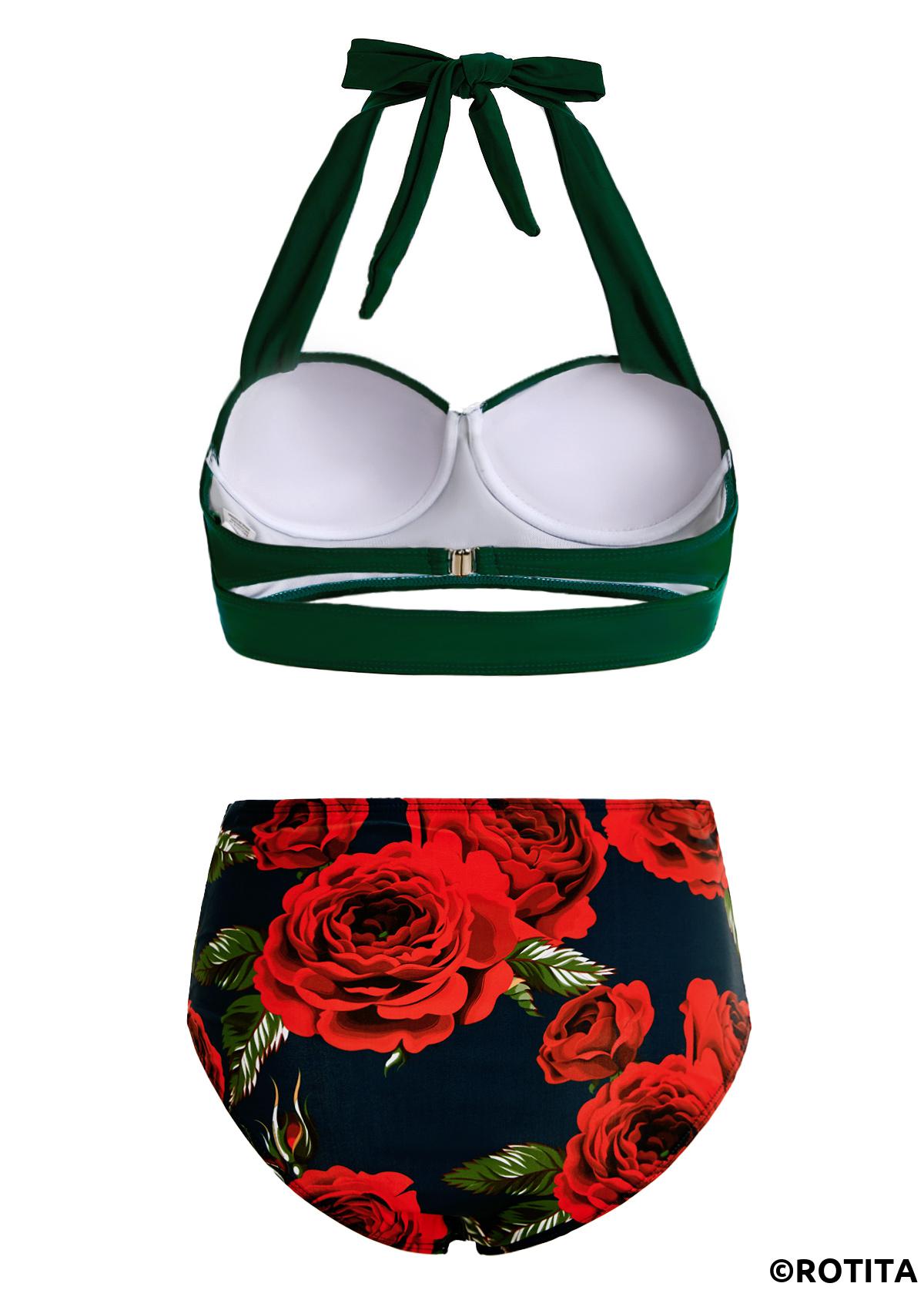 Floral swimwear,ROTITA Floral Print High Waist Halter Bikini Set