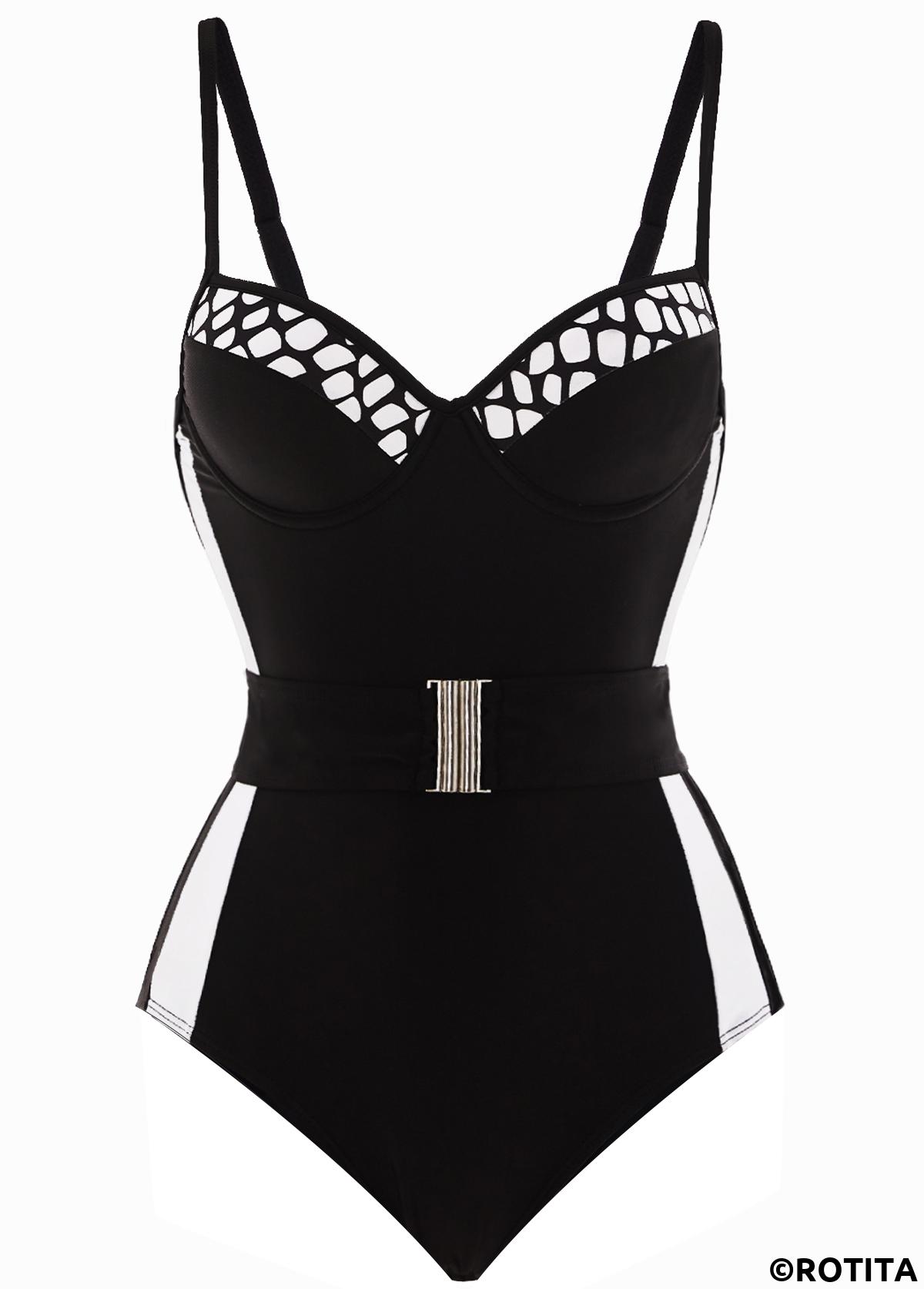 ROTITA Maillot de Bain Une Pièce à Bretelles Spaghetti Contrastées avec Ceinture