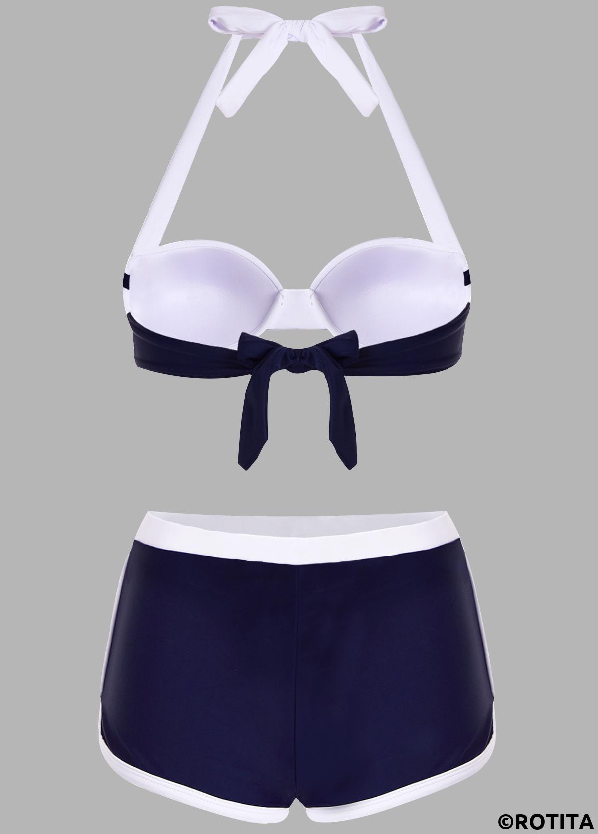 Contrast Color swimwear,Knot Detail Halter Contrast Bikini Set