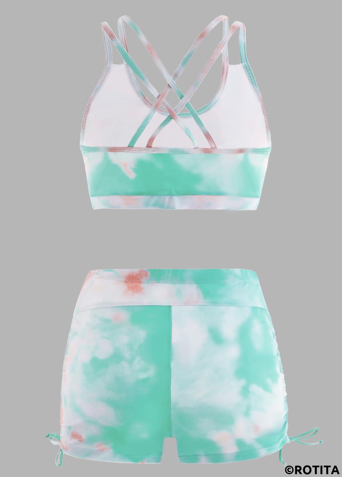 Light Green swimwear,Ombre swimwear,ROTITA Tie Dye High Waisted Drawstring Side Bikini Set