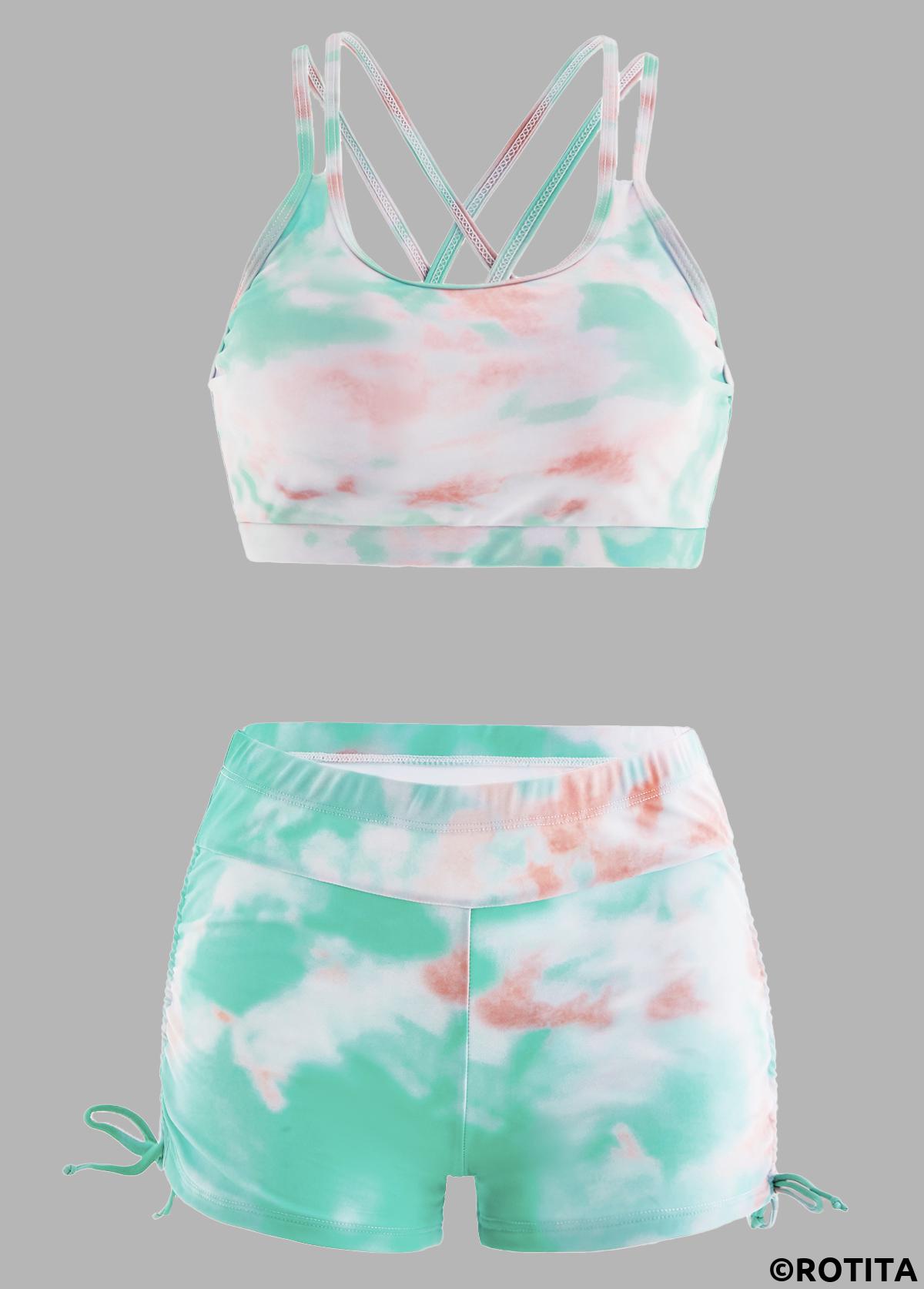 Light Green swimwear,Ombre swimwear,ROTITA Tie Dye High Waisted Drawstring Side Bikini Set