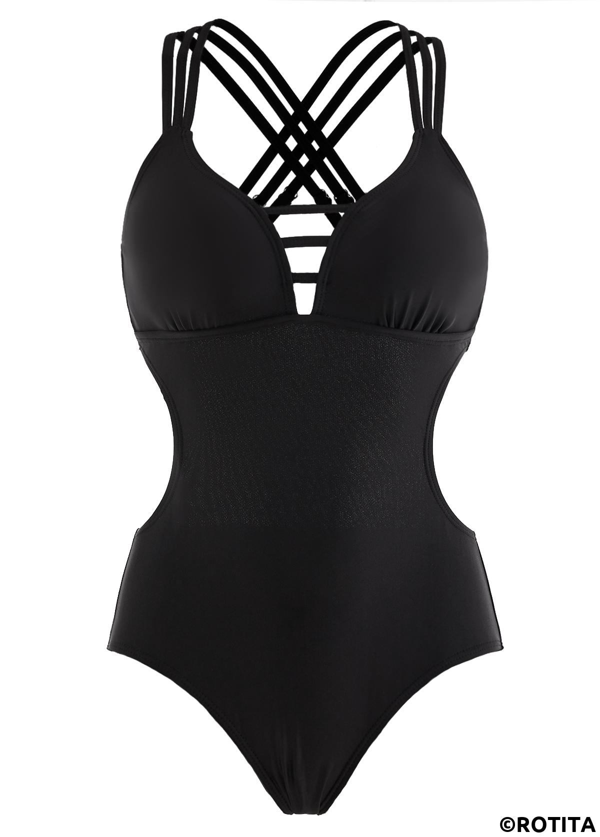 Black swimwear,Plain Color swimwear,ROTITA Cutout Waist Cross Strap One Piece Swimwear