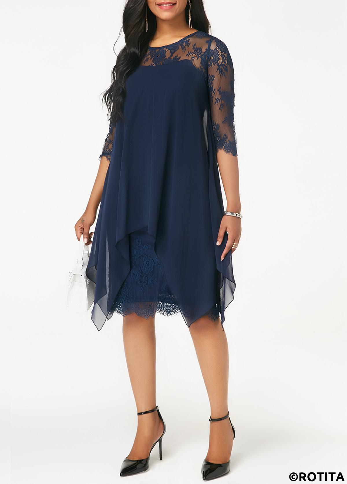 Navy plus size,Plain Color plus size,ROTITA Plus Size Lace Navy H Shape Dress