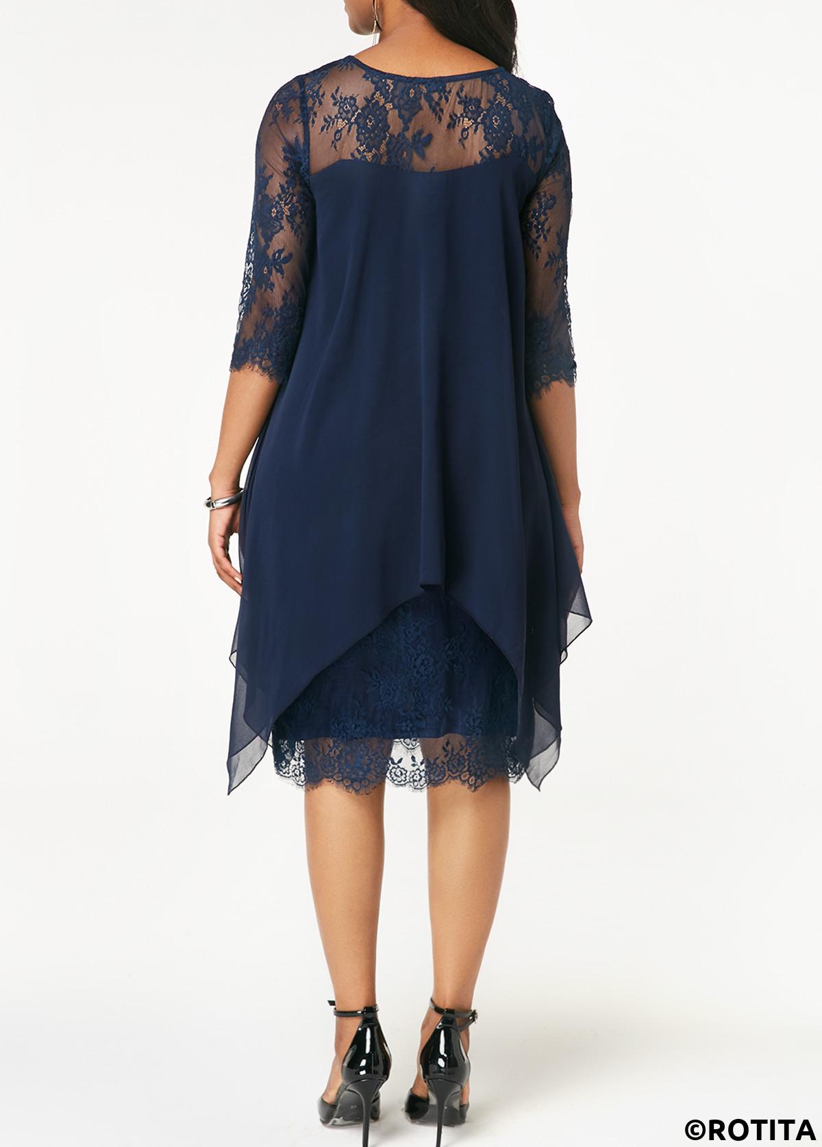 Navy plus size,Plain Color plus size,ROTITA Plus Size Lace Navy H Shape Dress