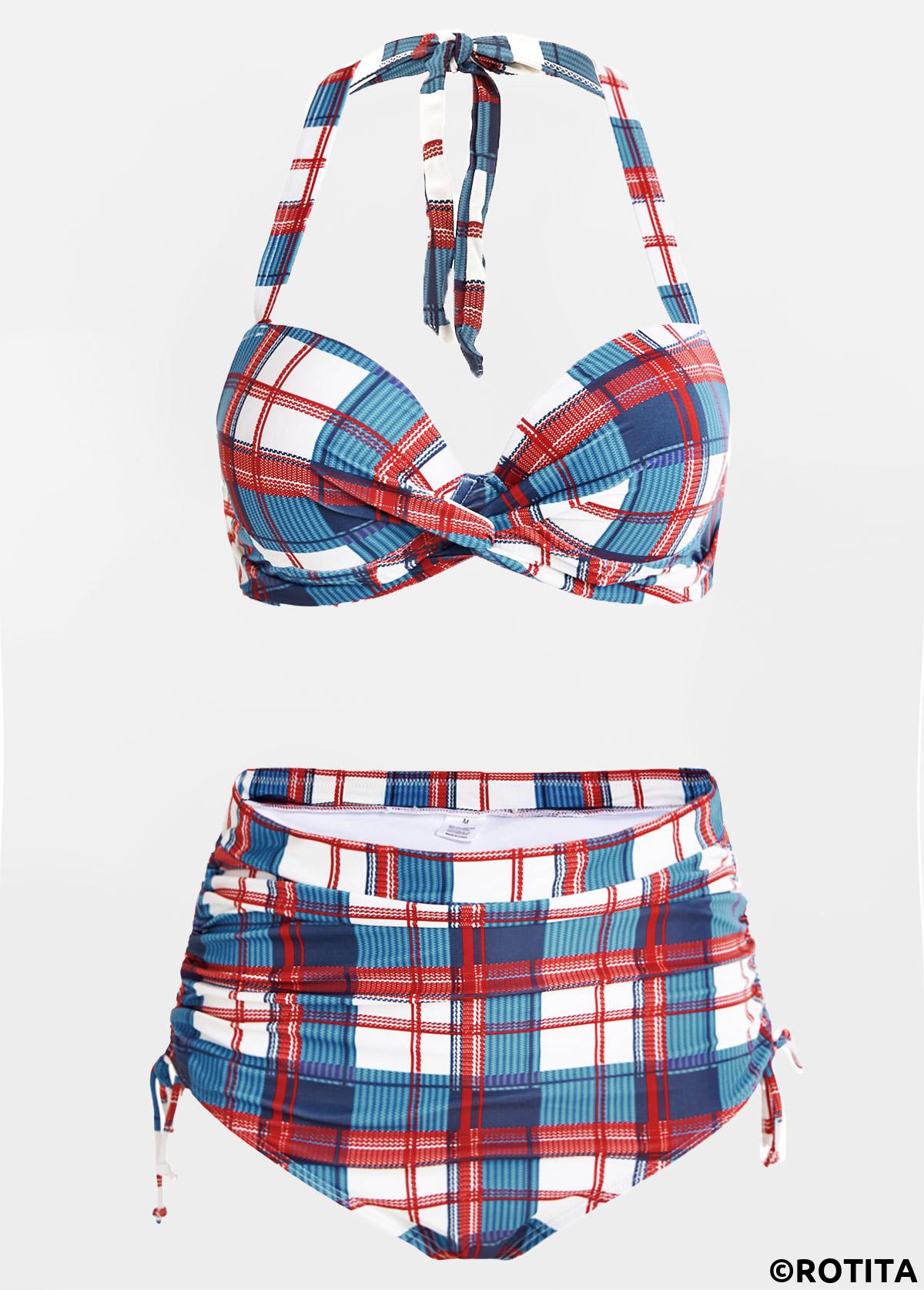 Blue swimwear,Plaid swimwear,ROTITA Plaid Print Drawstring Side High Waisted Bikini Set