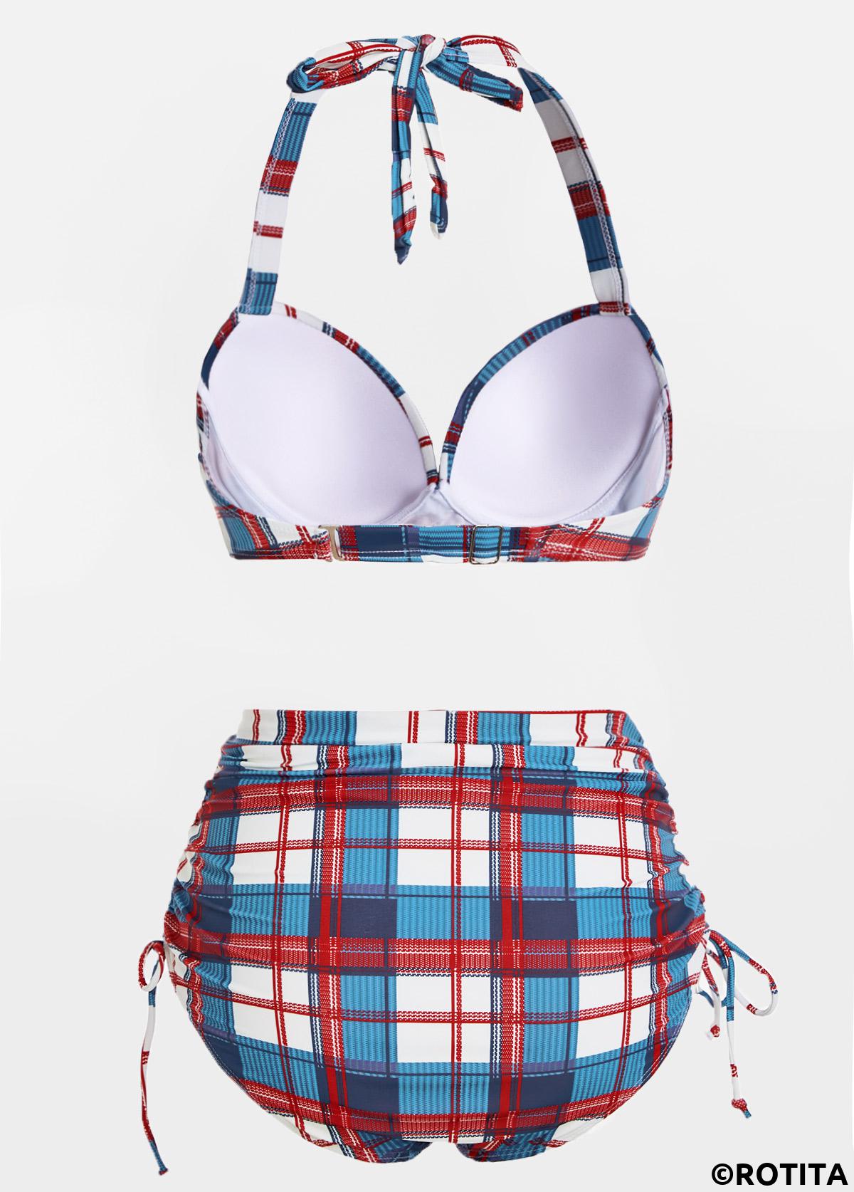 Blue swimwear,Plaid swimwear,ROTITA Plaid Print Drawstring Side High Waisted Bikini Set