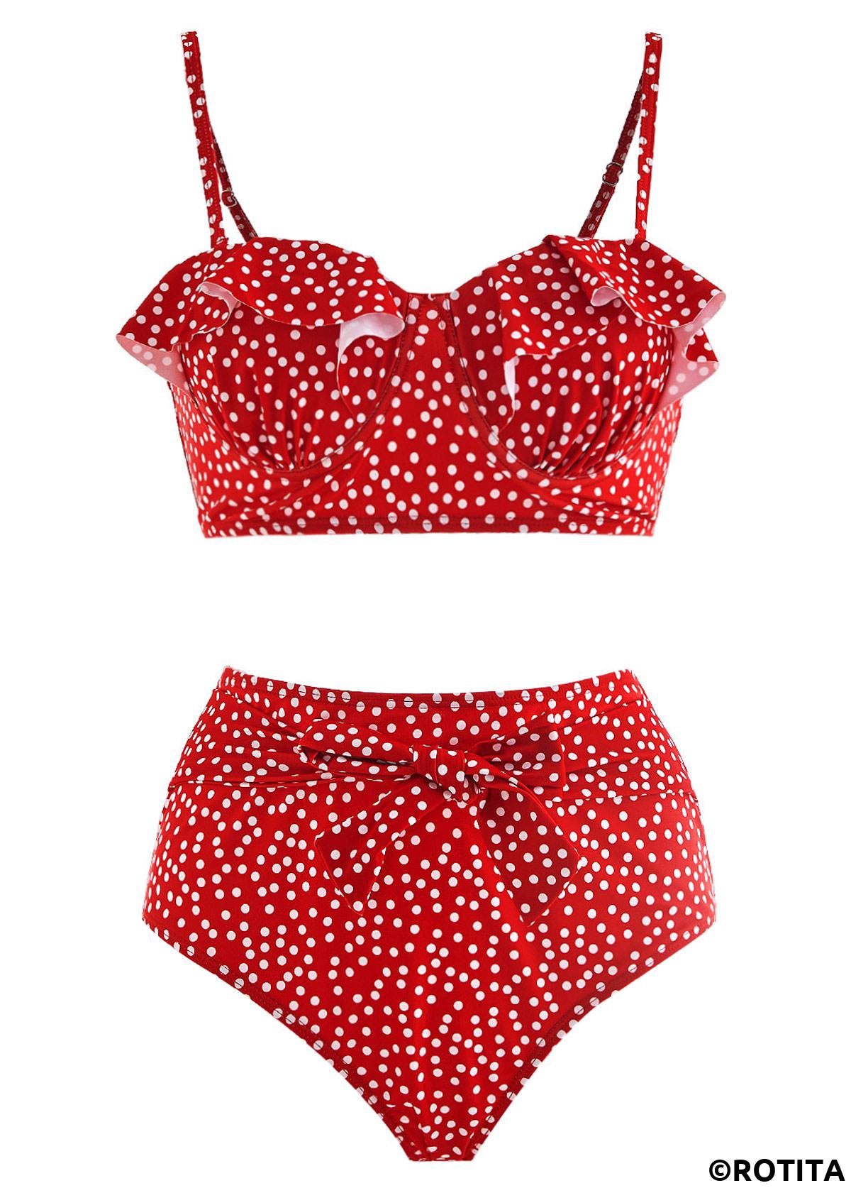 Red swimwear,Dot swimwear,ROTITA Ruffle Trim Polka Dot Bowknot Bikini Set