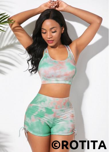 Light Green swimwear,Ombre swimwear,ROTITA Tie Dye High Waisted Drawstring Side Bikini Set