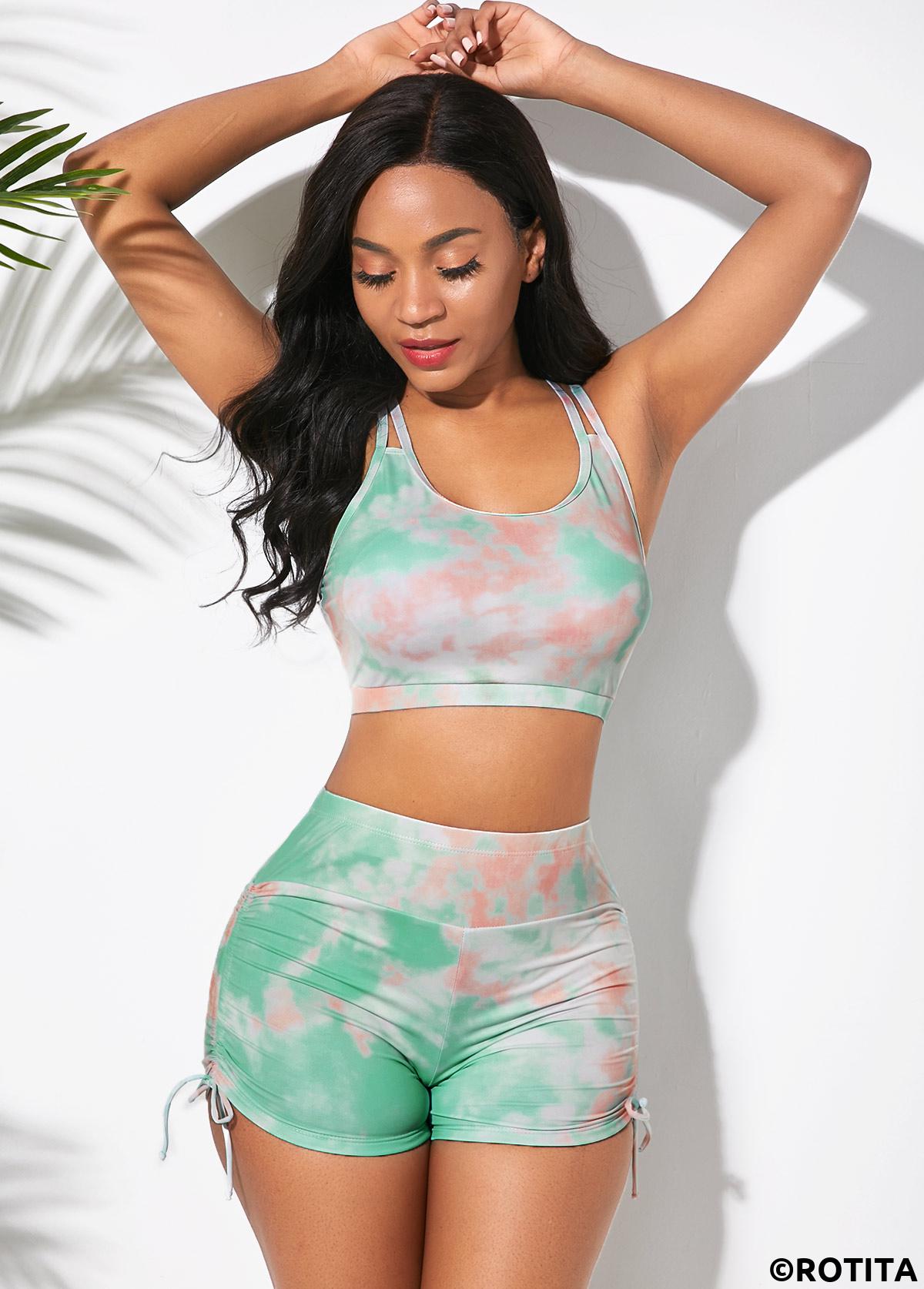 Light Green swimwear,Ombre swimwear,ROTITA Tie Dye High Waisted Drawstring Side Bikini Set