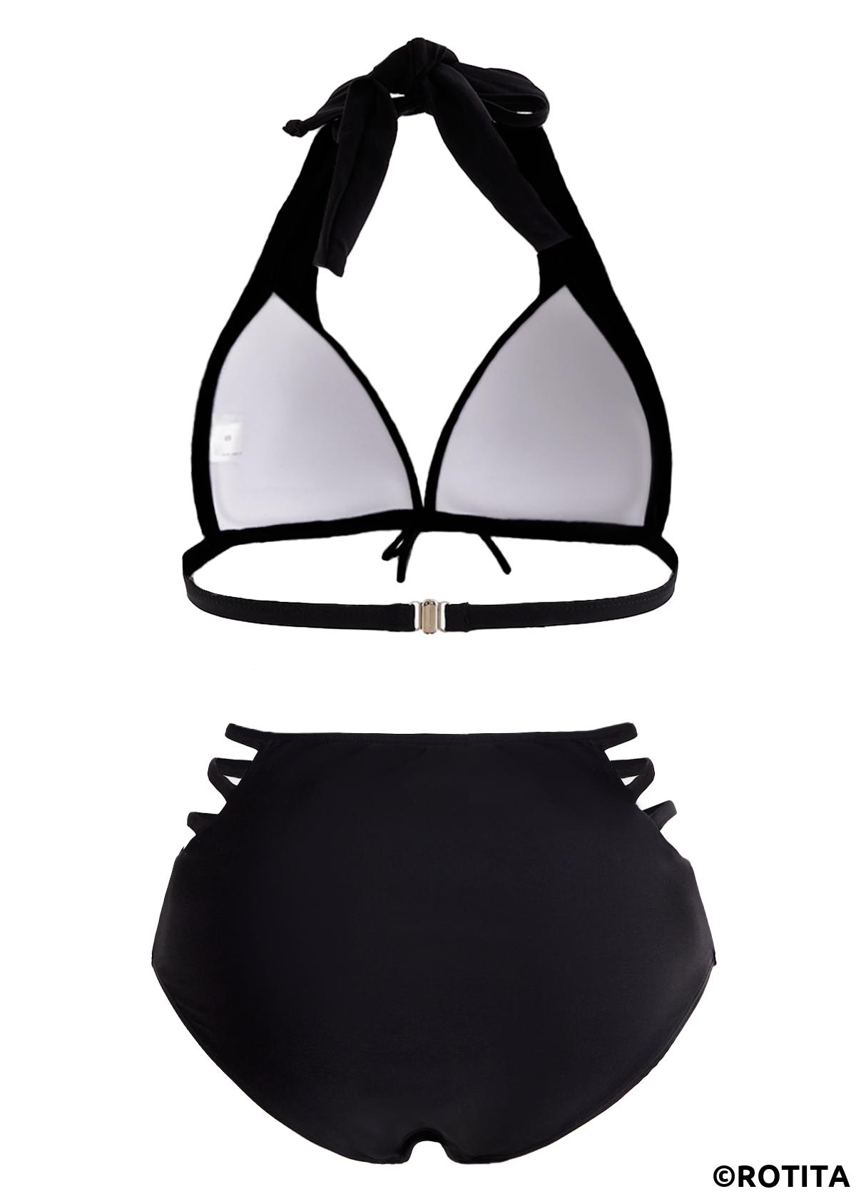 Black swimwear,Plain Color swimwear,ROTITA High Waisted Halter Bowknot Pierced Bikini Set