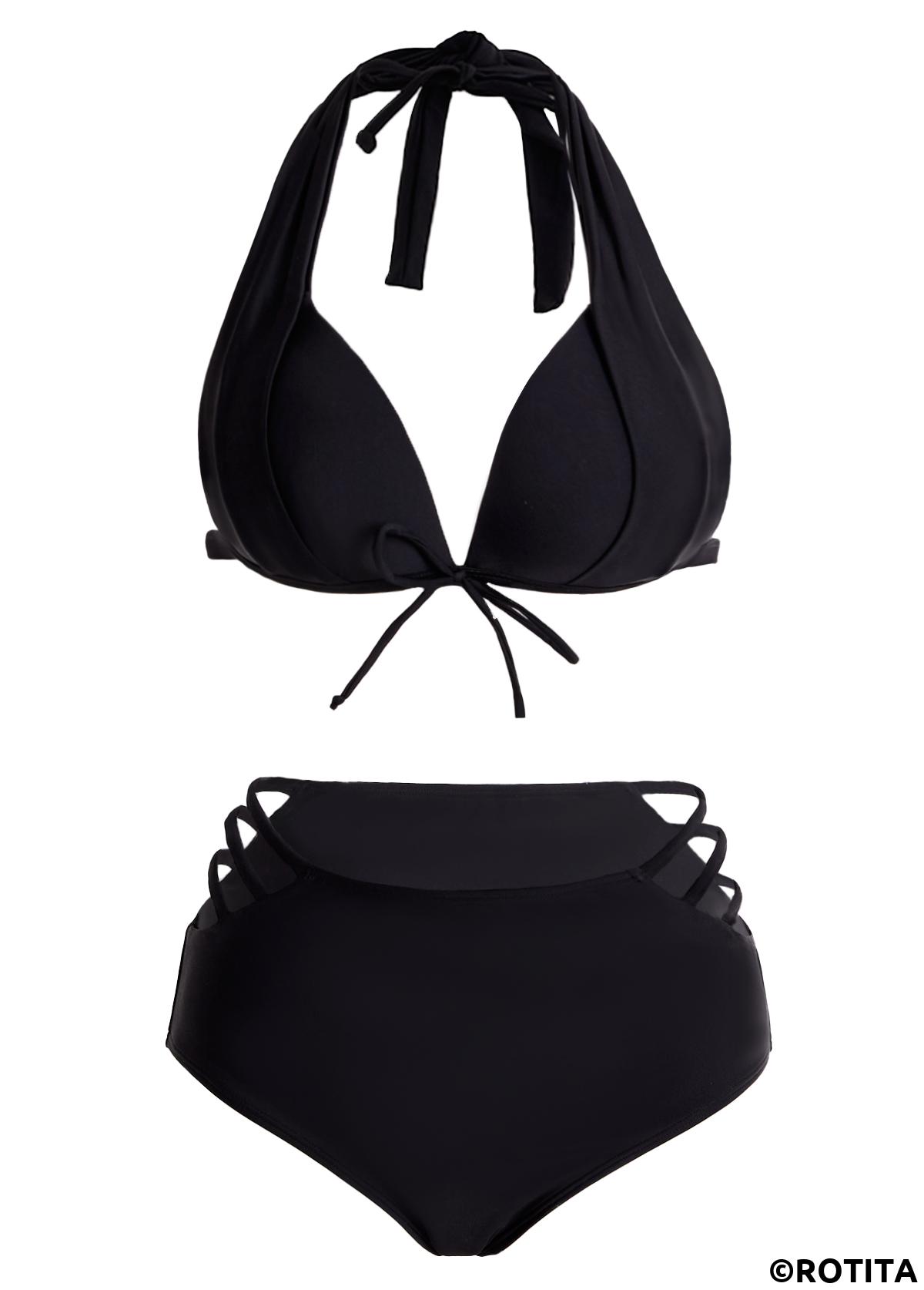 Black swimwear,Plain Color swimwear,ROTITA High Waisted Halter Bowknot Pierced Bikini Set