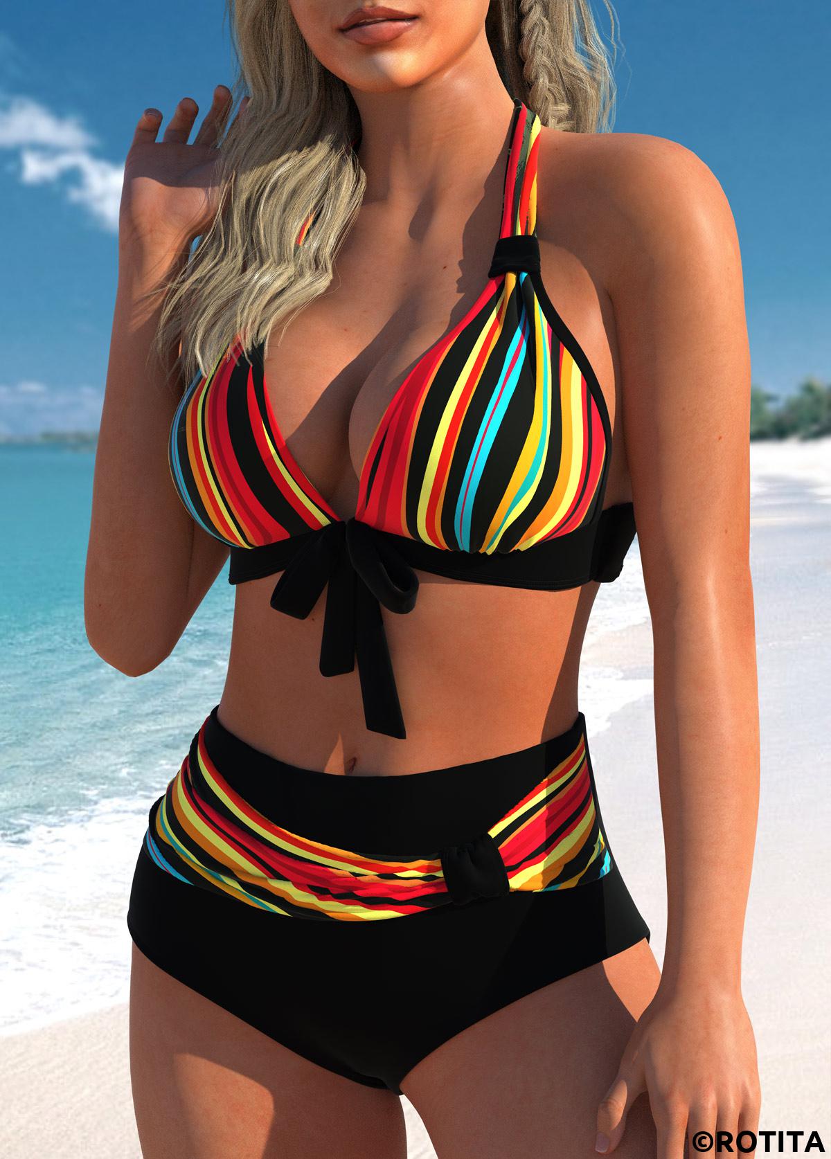 Black swimwear,Striped swimwear,ROTITA Bowknot Rainbow Color Halter Bikini Set