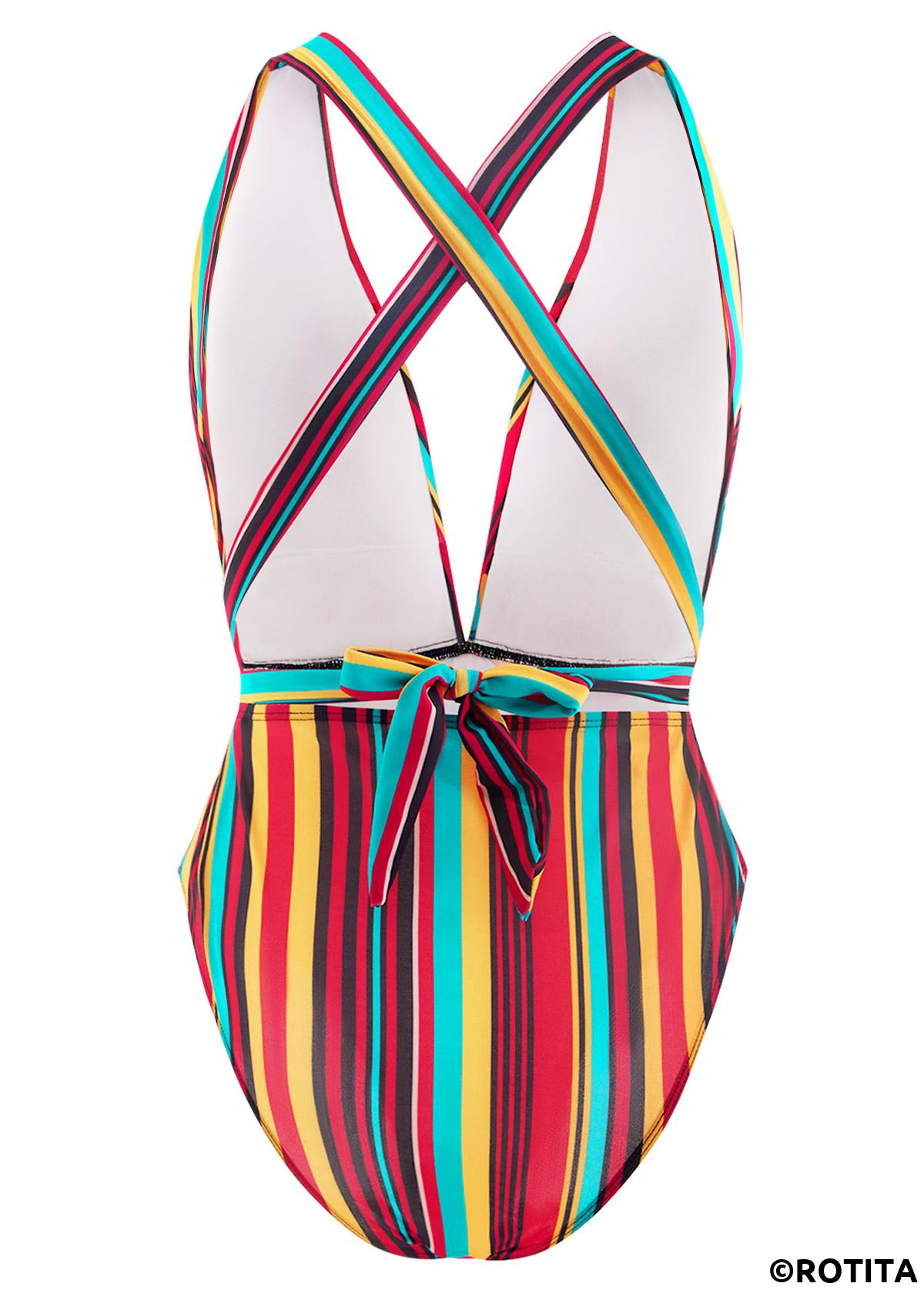 Rainbow Color swimwear,Striped swimwear,ROTITA Halter Rainbow Stripe One Piece Swimwear