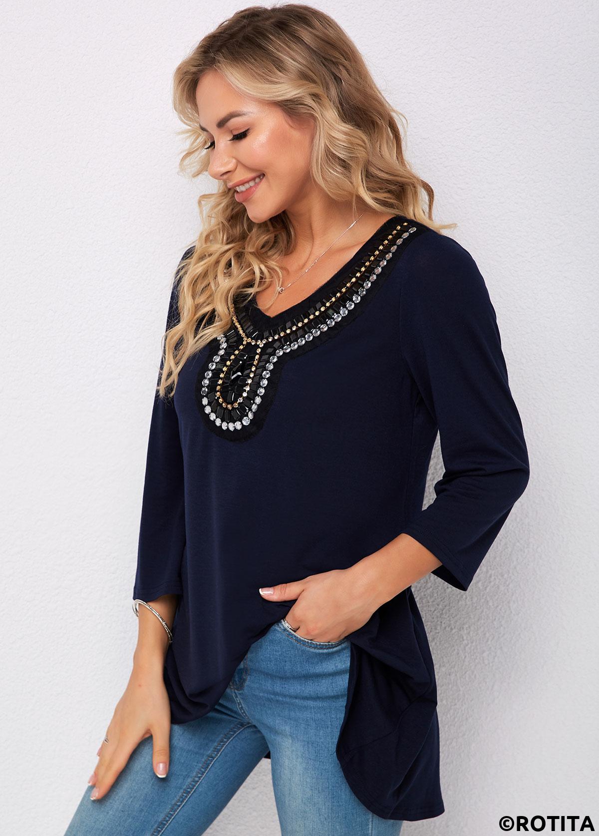Plain Color tops,ROTITA 3/4 Sleeve Embellished Neck Navy Blue T Shirt