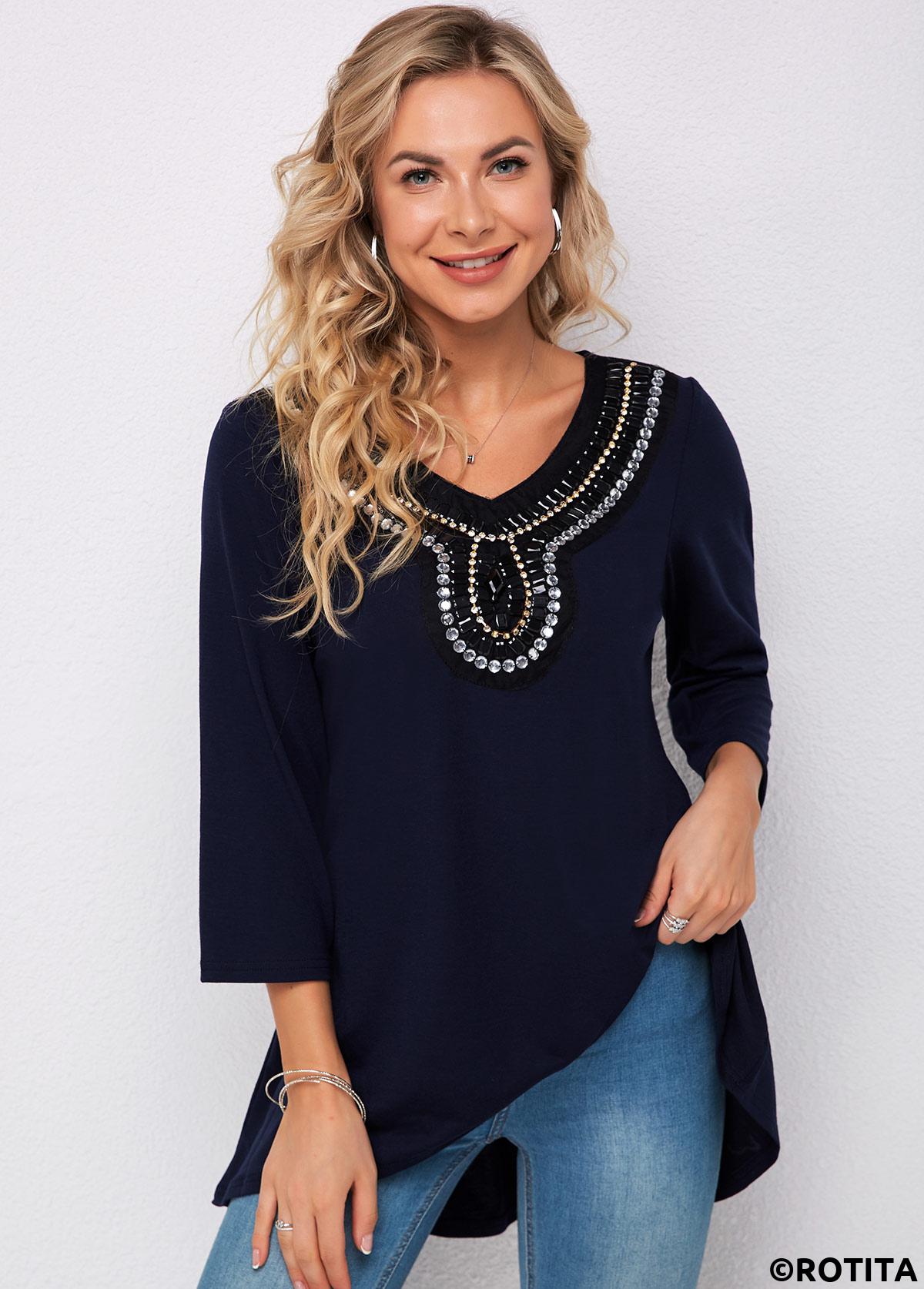 Plain Color tops,ROTITA 3/4 Sleeve Embellished Neck Navy Blue T Shirt