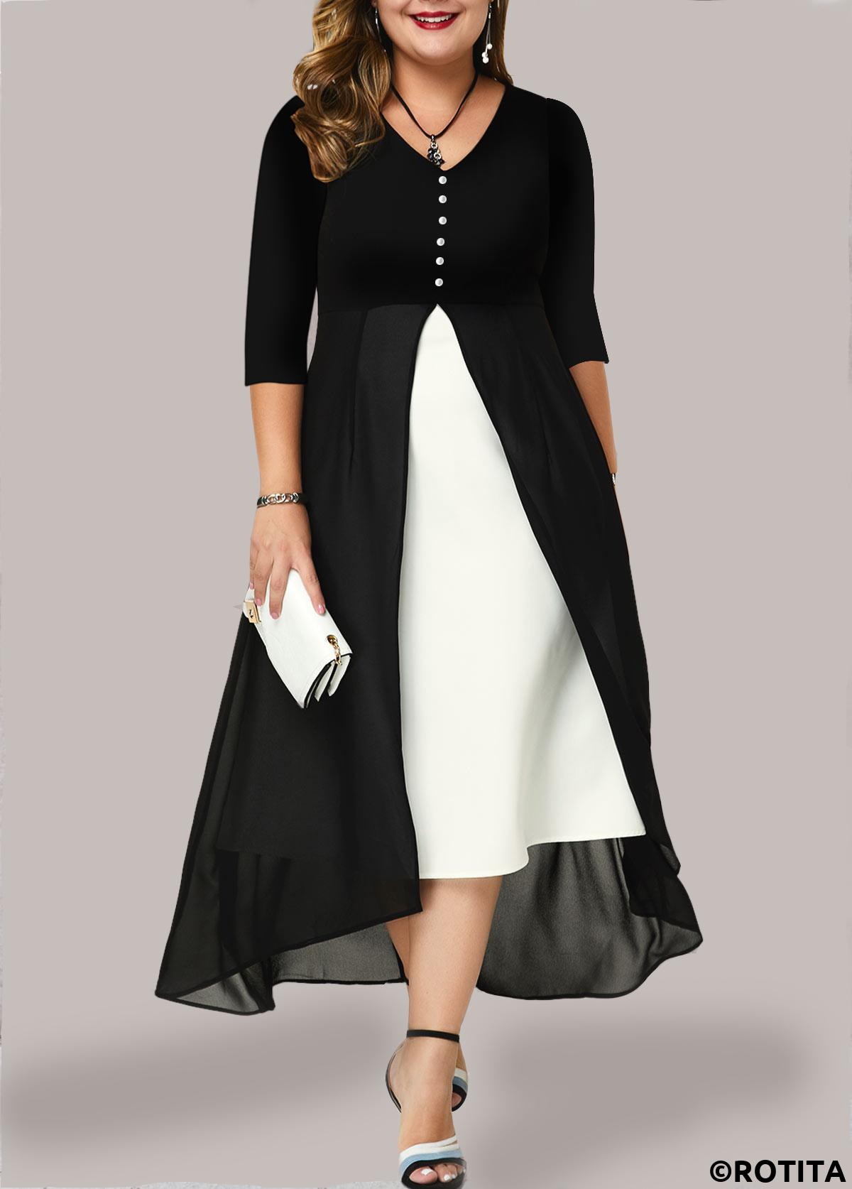 Multi Color plus size,Contrast Color plus size,ROTITA Plus Size Chiffon Panel Contrast Dress
