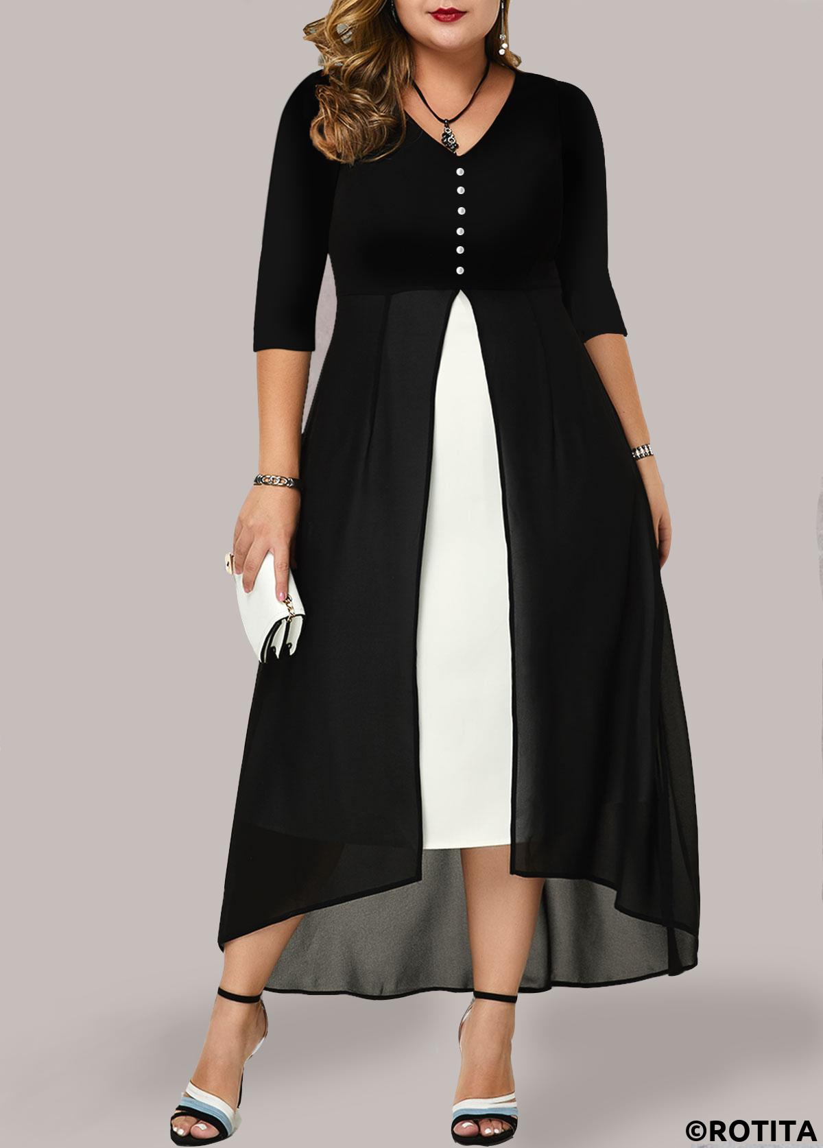 Multi Color plus size,Contrast Color plus size,ROTITA Plus Size Chiffon Panel Contrast Dress