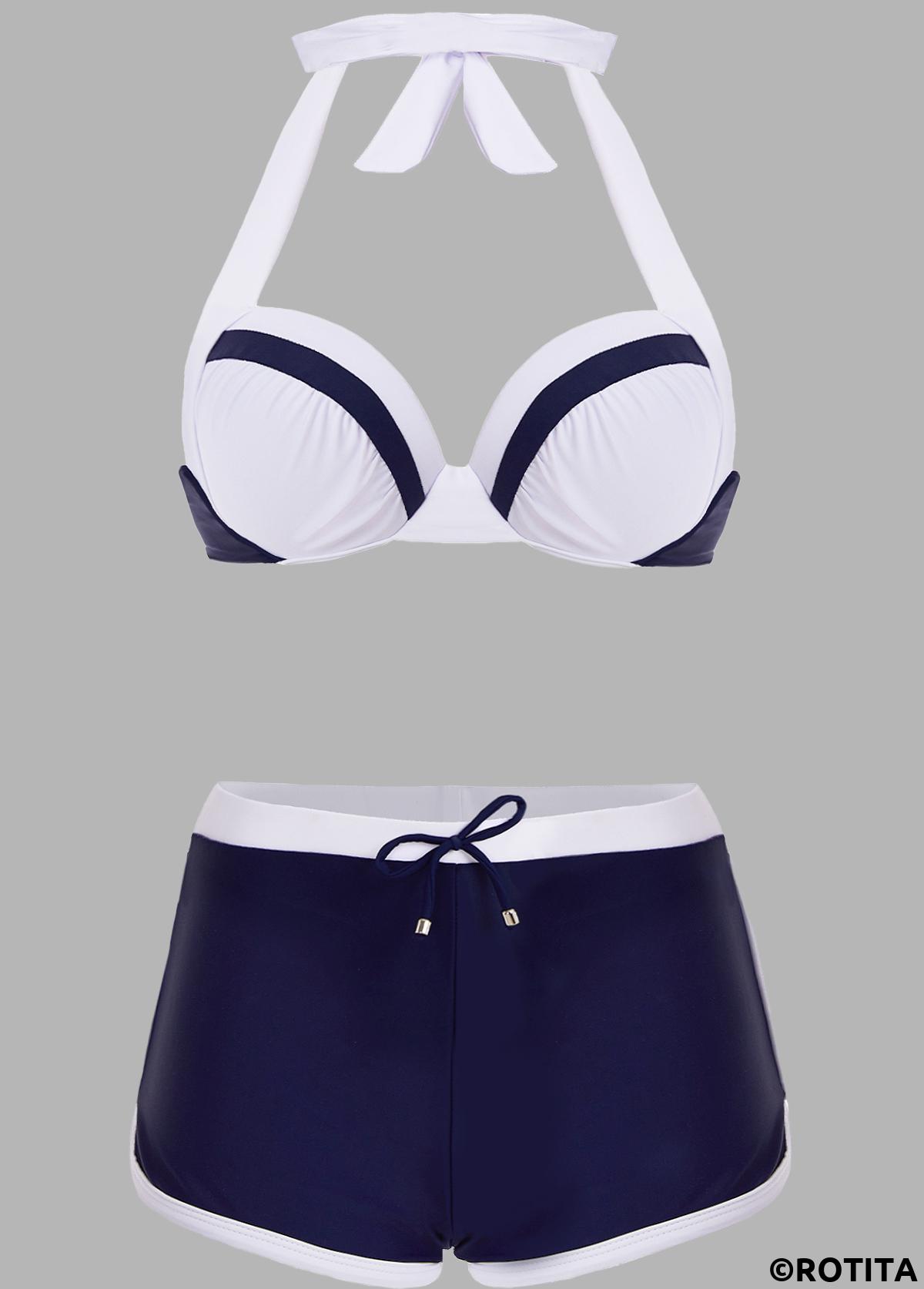 Contrast Color swimwear,Knot Detail Halter Contrast Bikini Set