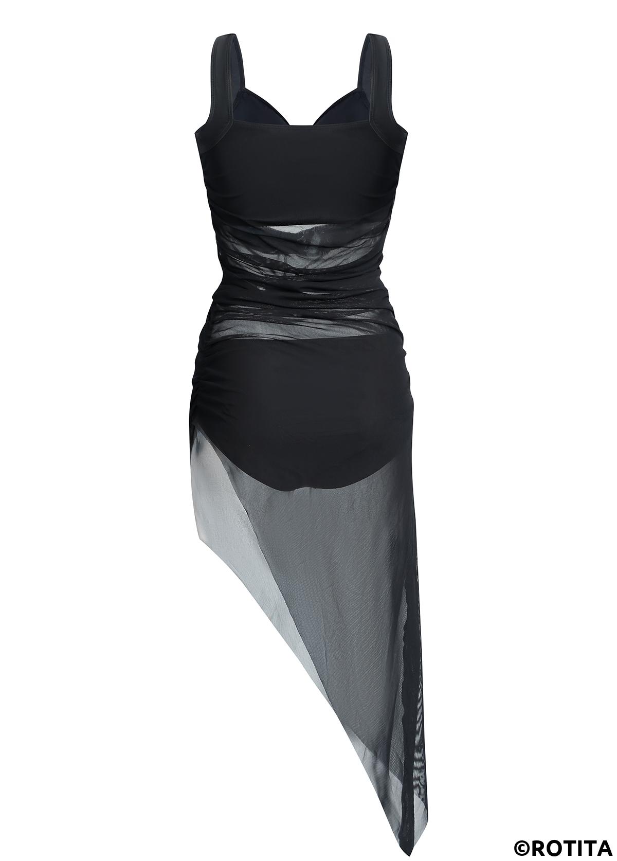 Black swimwear,Plain Color swimwear,ROTITA Asymmetric Hem Mesh Ruched Swimdress and Panty