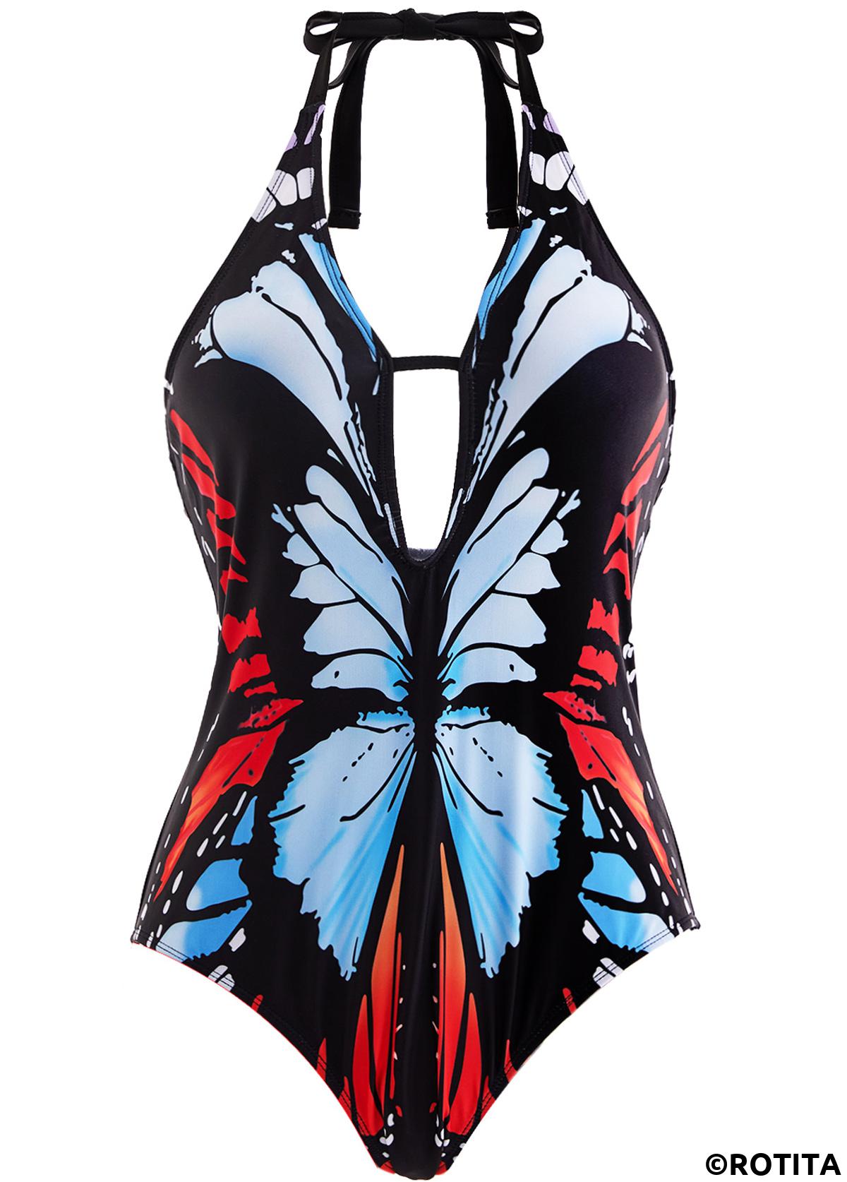 Animal Print swimwear,ROTITA Halter Neck Butterfly Print One Piece Swimwear