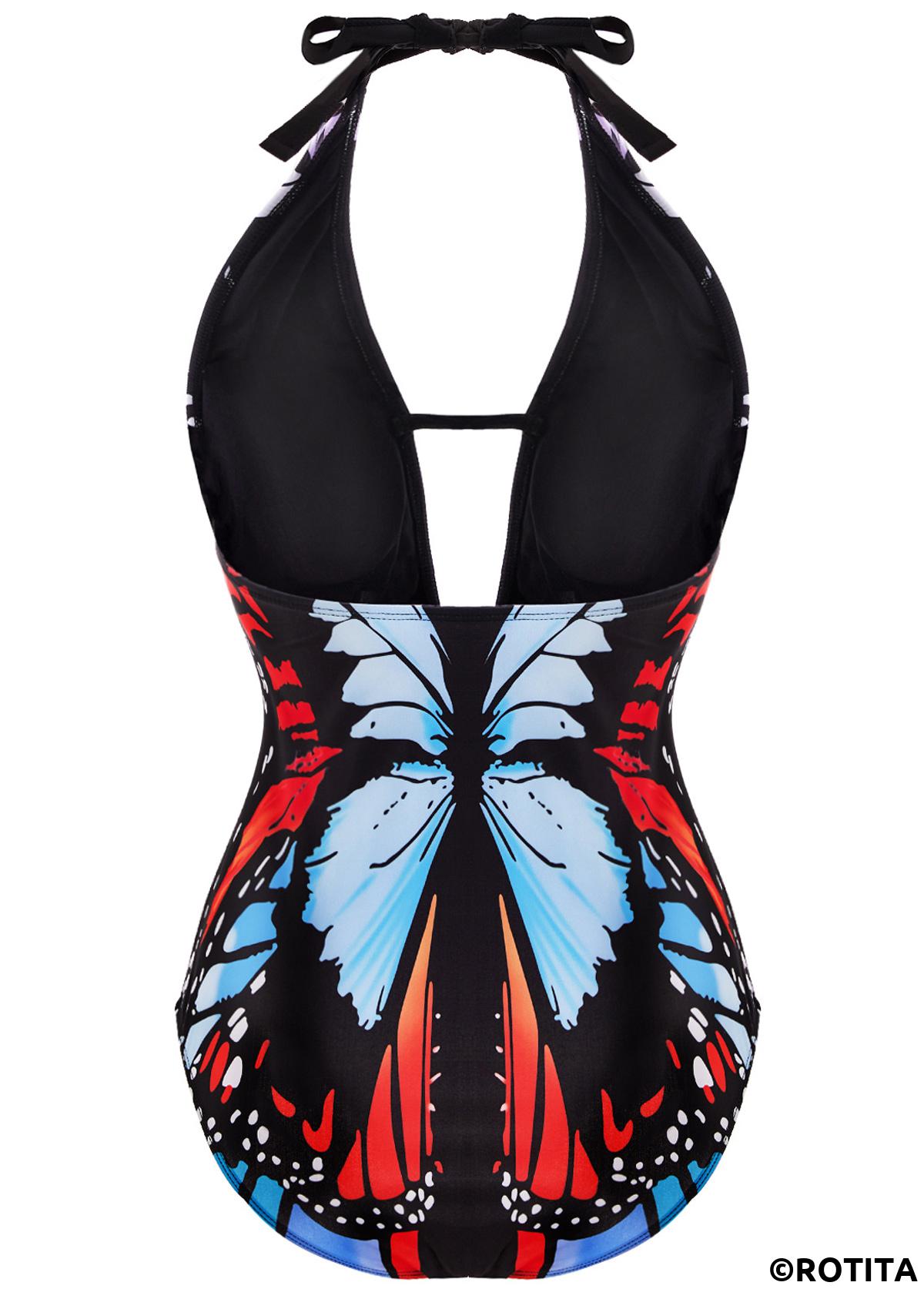 Animal Print swimwear,ROTITA Halter Neck Butterfly Print One Piece Swimwear