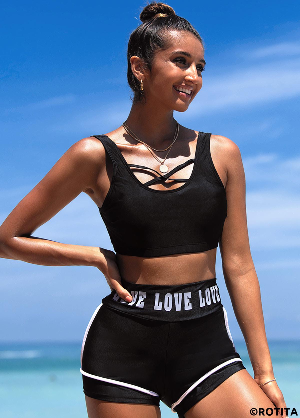 Black swimwear,Letter swimwear,ROTITA Cross Strap Letter Print High Waisted Bikini Set