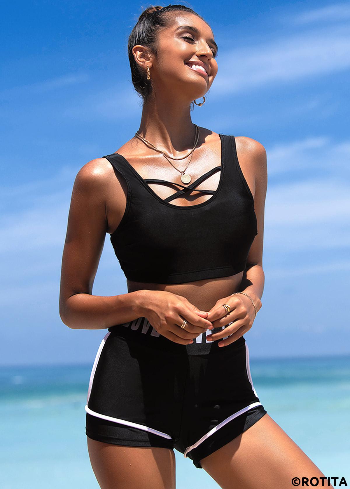 Black swimwear,Letter swimwear,ROTITA Cross Strap Letter Print High Waisted Bikini Set