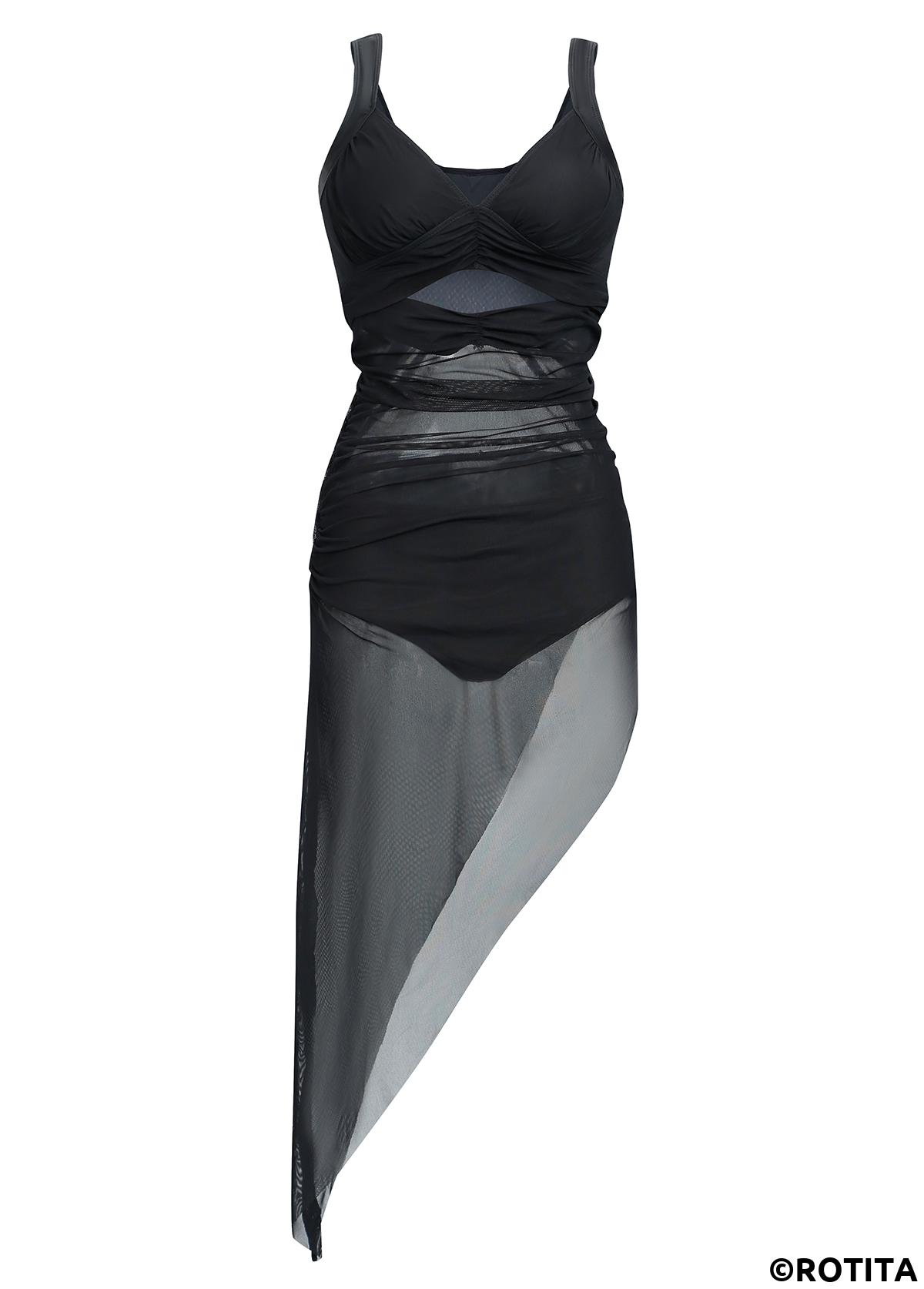 Black swimwear,Plain Color swimwear,ROTITA Asymmetric Hem Mesh Ruched Swimdress and Panty